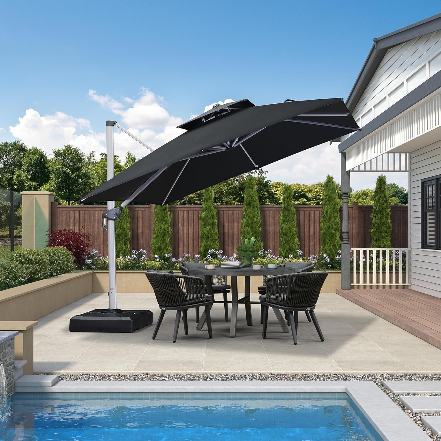 PURPLE LEAF 10 FT Patio Offset Umbrella Outdoor Cantilever Umbrella Hanging Umbrellas, 36 Month Fade Resistance & Water-repellent UV Protection Fabric Canopy with Crank & Water Tank Base (Black)
