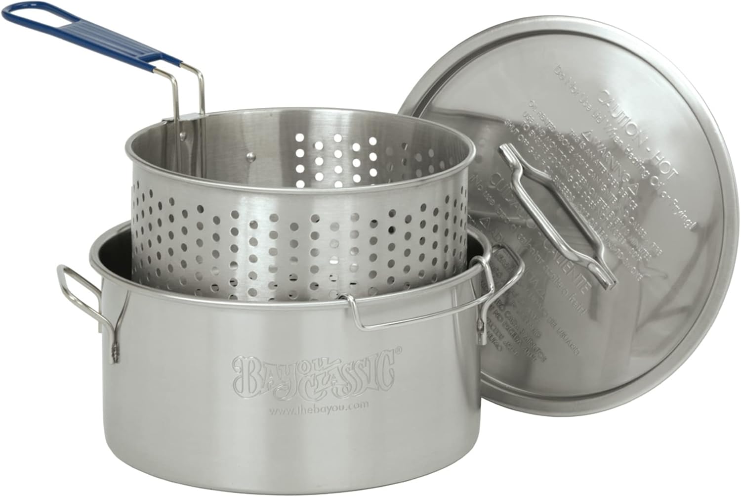 Bayou Classic 1150 14-qt Stainless Fry Pot Features Heavy Welded Handle Stainless Lid and Stainless Perforated Basket w/ Cool Touch Handle Perfect For Frying Fish Shrimp or Hushpuppies,Silver