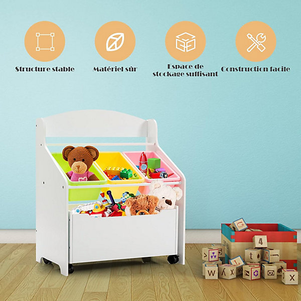 Meuble Rangement Jouet Enfant,avec 3 Boîtes Amovibles, 1 Tiroir et 2 Roues, Organiseur de Jouet, 63,5 x 38 x 76 CM (Blanc)