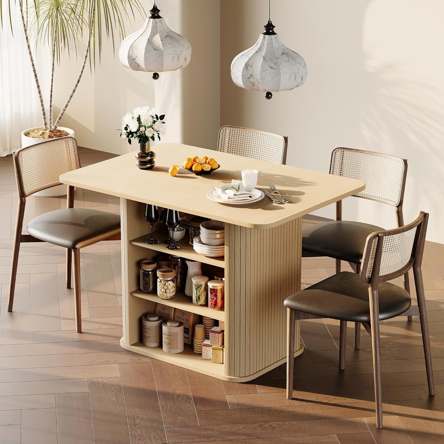 FUQARHY Dining Table for 4, Small Rectangular Kitchen Table for 2 with 3-Tier Storage Shelf, Farmhouse Modern Fluted Wood Table (Oak)