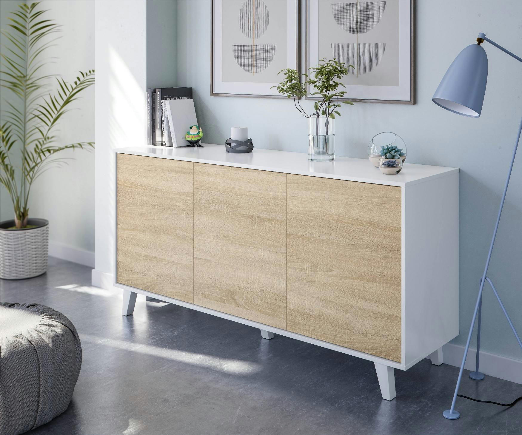 ARVADA - Buffet avec 3 portes et étagères effet bois blanc et chêne
