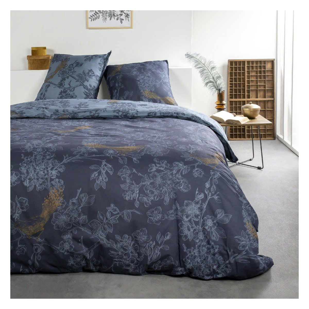 SUNSHINE - Parure de lit 2 personnes imprimé floral en Coton Bleu 220x240 cm