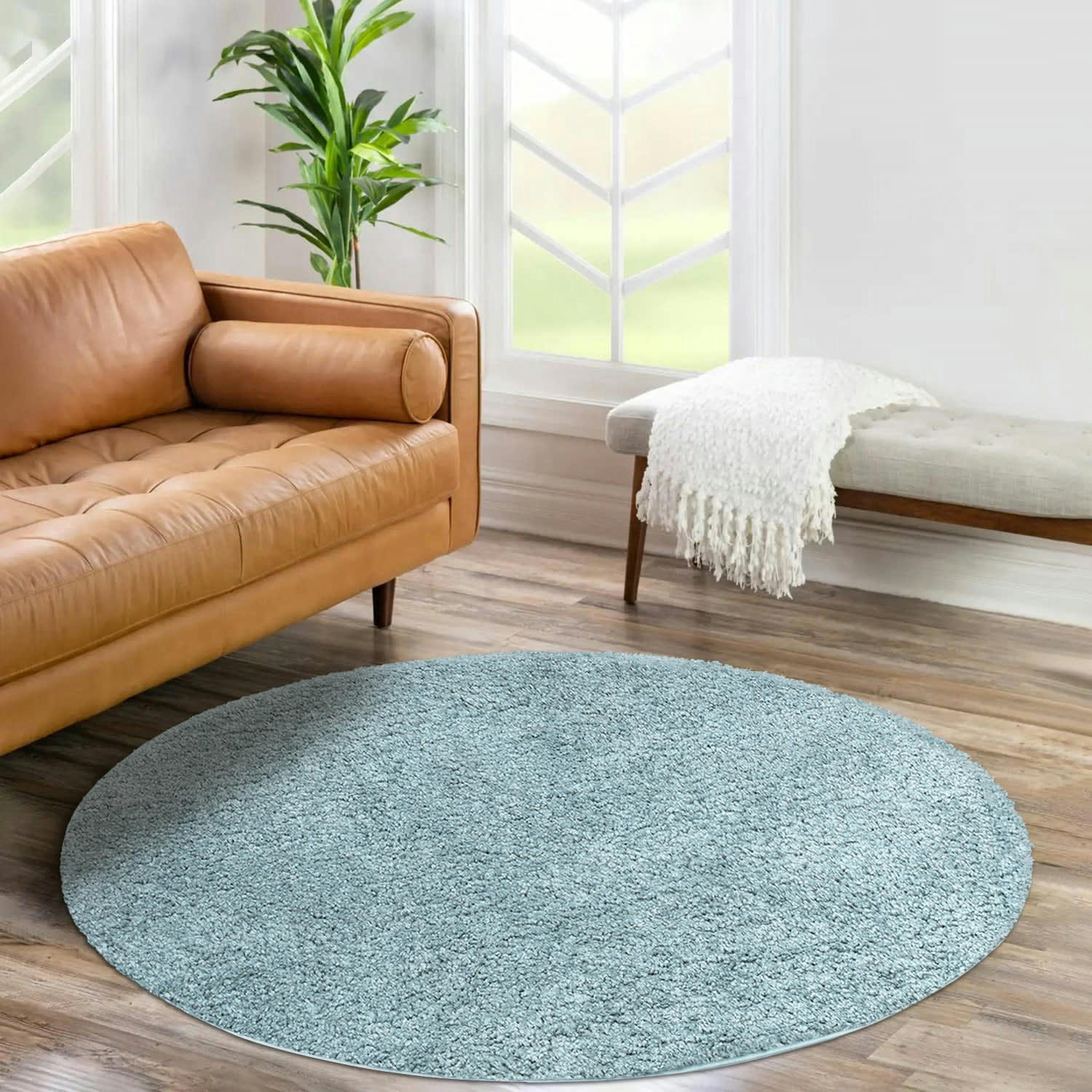 SOFTY - Tapis à poils longs rond SOFTY bleu azur 160x160cm
