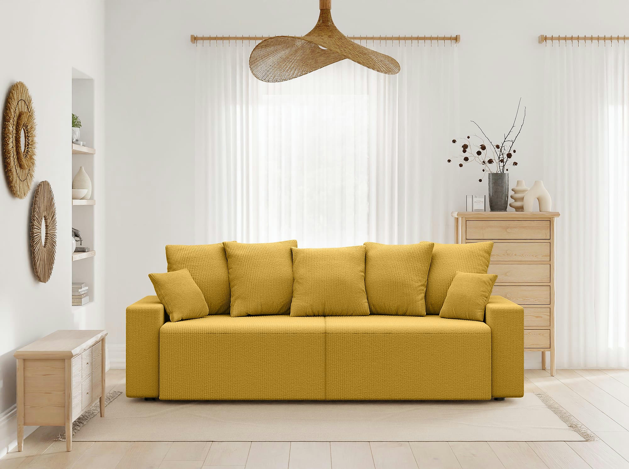 ALMA - Canapé droit convertible en velours côtelé 3 places jaune