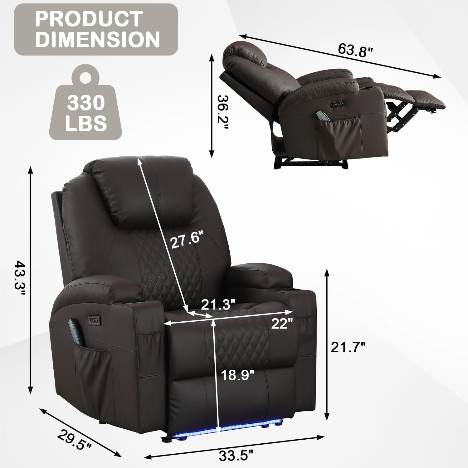 Power Recliner Chair with Heat and Massage for Adults - Home Theater Seating with LED Lights,Cup Holders,Side Pocket,USB Port - Recliner Sofa for Living Room (Brown, Single Recliner)