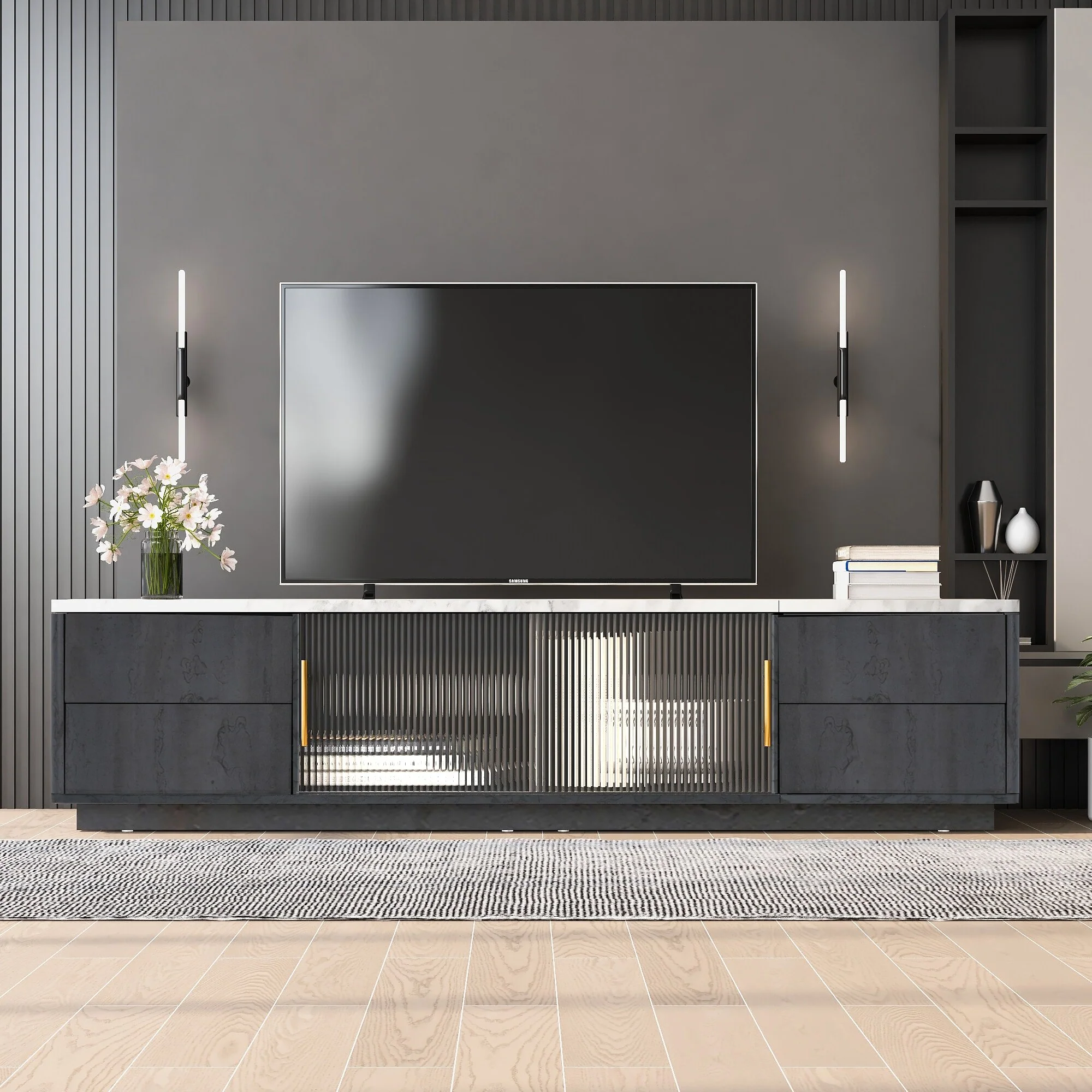 63-Inch Modern TV Stand with Four Drawers and Large Storage Cabinet for TVs up to 70 Inches