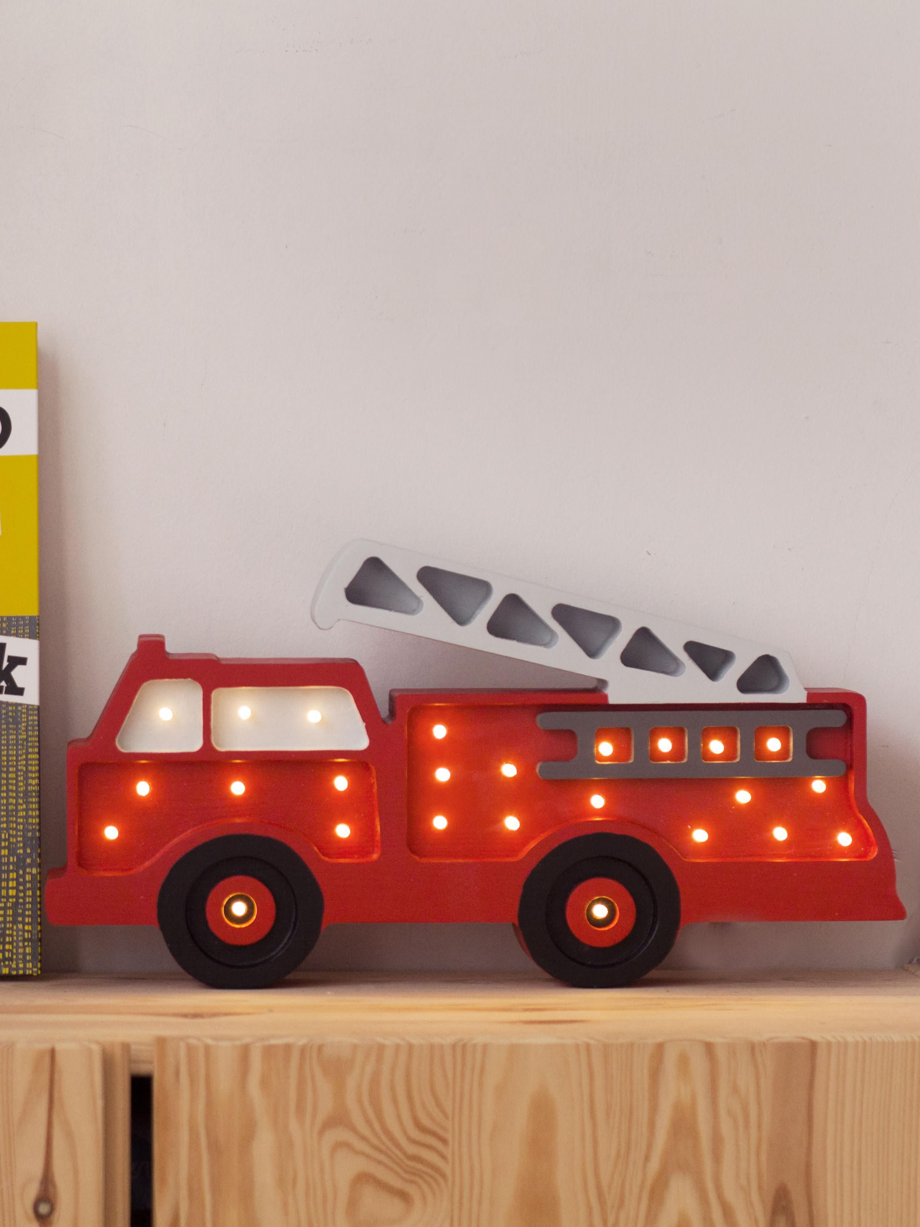 Handgefertigte LED-Kinderzimmerlampe Fire Truck mit Timerfunktion und Fernbedienung, dimmbar