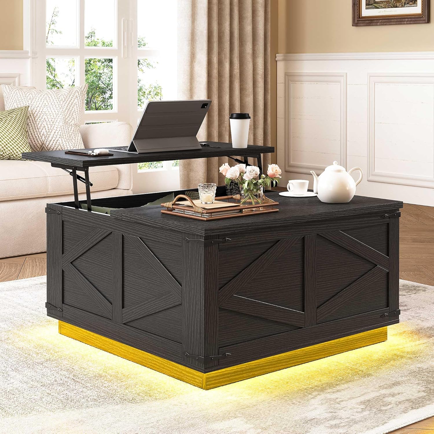 Jocoevol Farmhouse Lift Top Coffee Table, Square Wood Center Table with LED Lighting, USB-C Charging Station, and Hidden Storage Compartment - Rustic Black Living Room Furniture