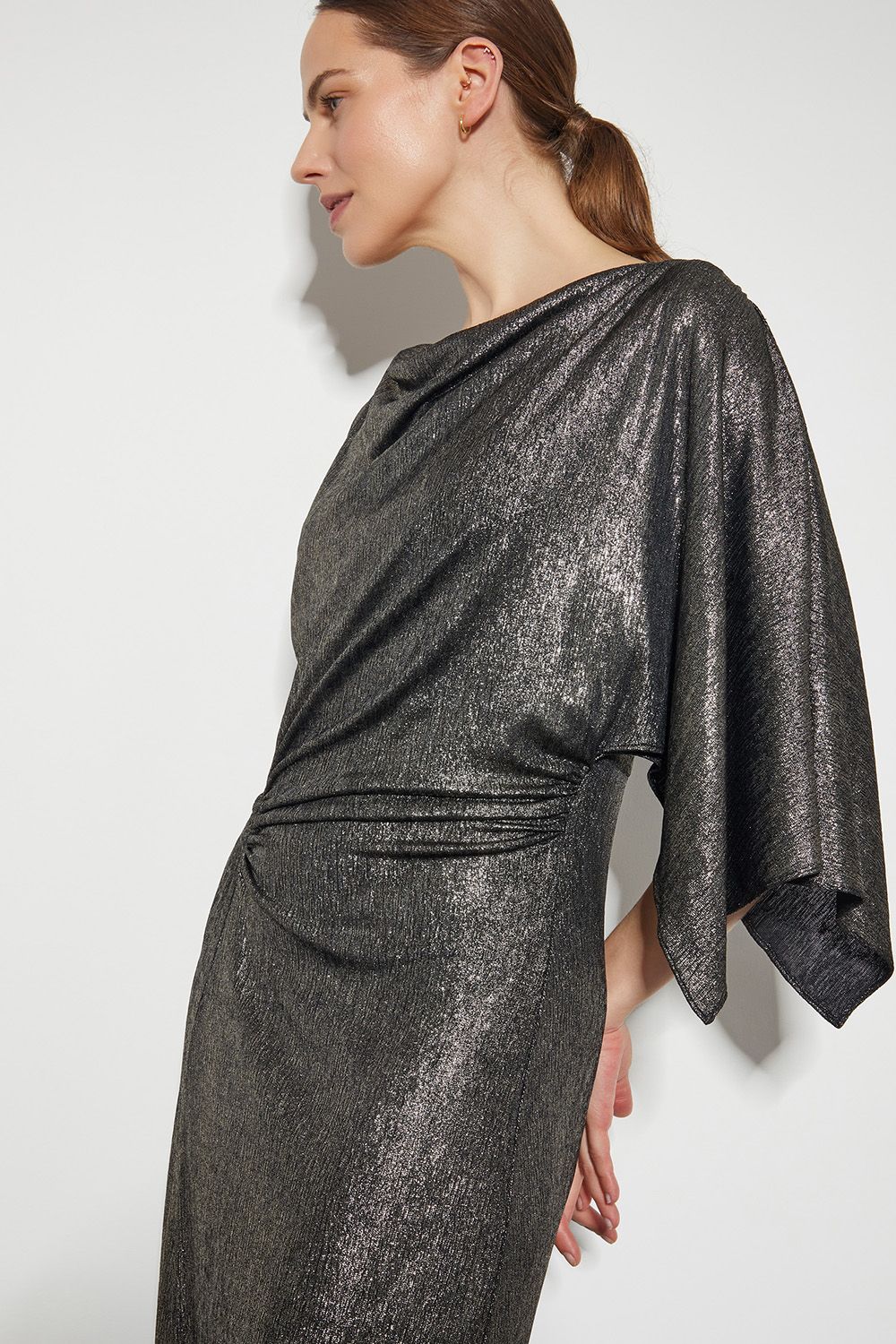 Monsoon Mila Drape Metallic Jersey Midi Dress Gold