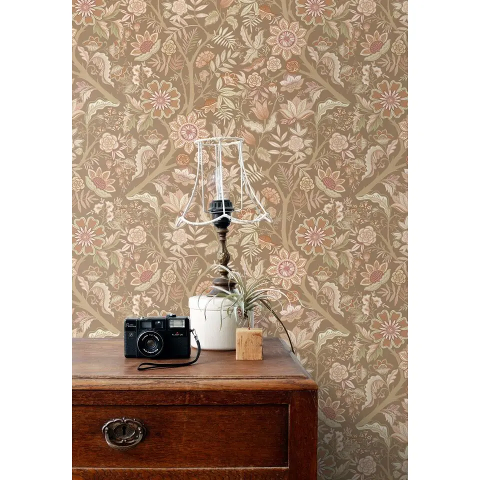 ESTAhome behang vintage bloemen bruin en roze - 50 x 900 cm