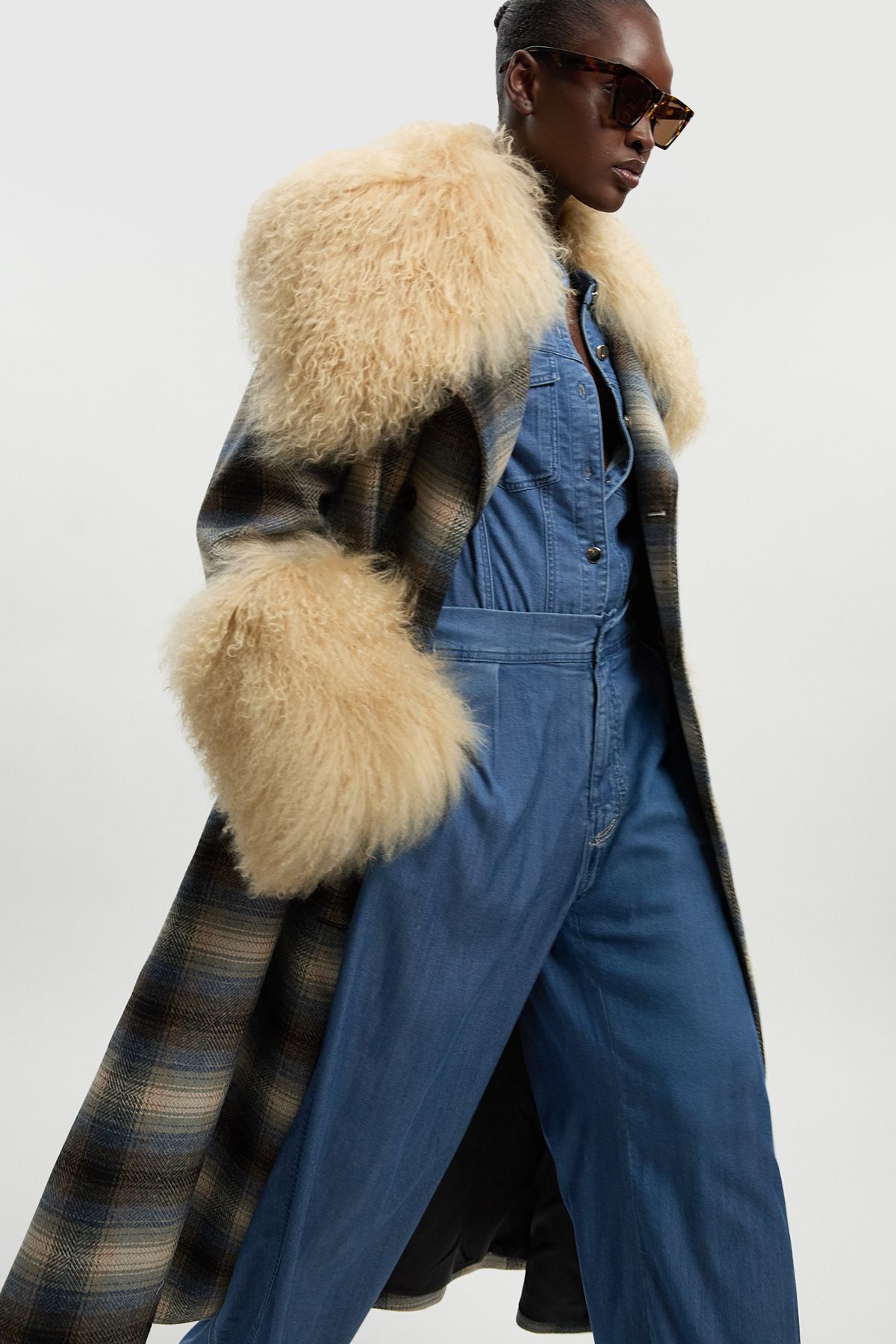 KarenMillen Wool & Shearling Check Tailored Double Breasted Belted Midi Coat