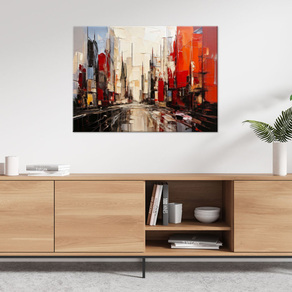 Obraz do salonu pokoju nowoczesny, Miasto Abstrakcja czerwony beżowy 60x40