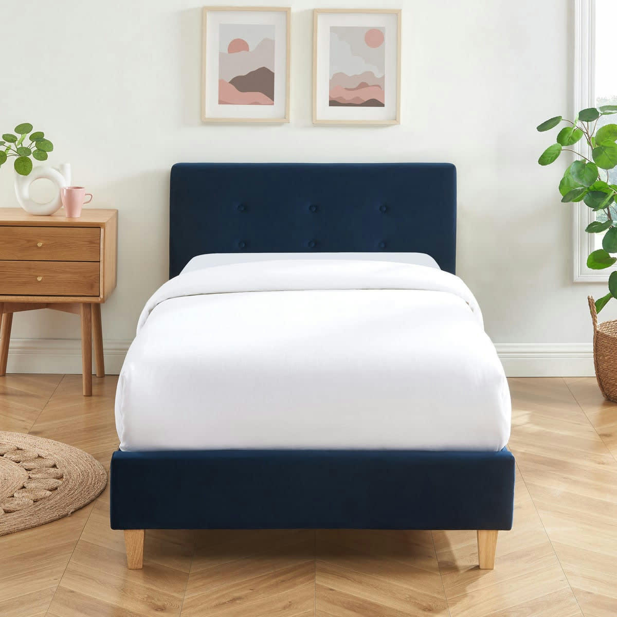 MILO JUNIOR - Lit enfant 90x190 avec tête de lit en velours bleu foncé et sommier