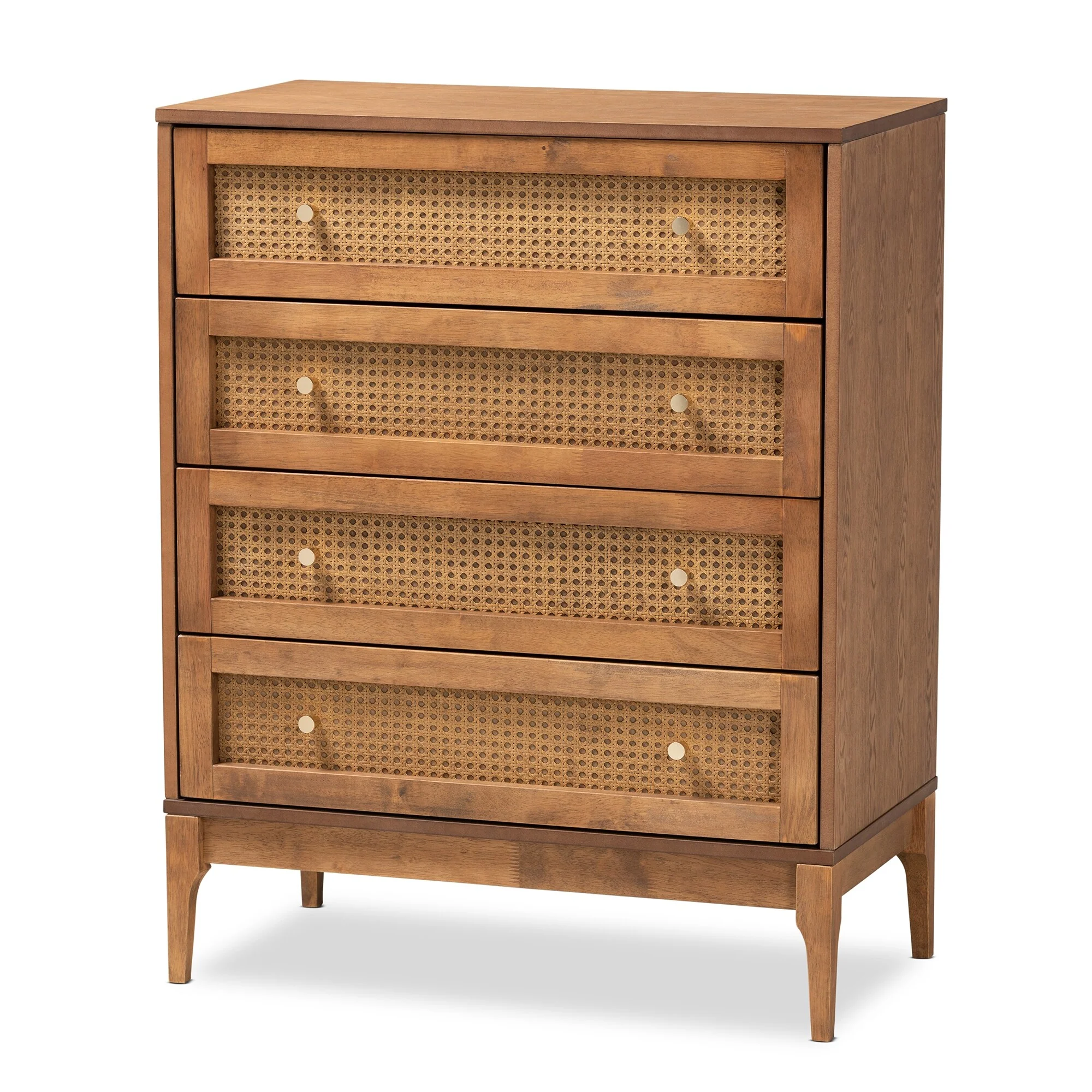 Ramiel Mid-Century Modern Ash Walnut Finished Wood and Rattan 4-Drawer Chest