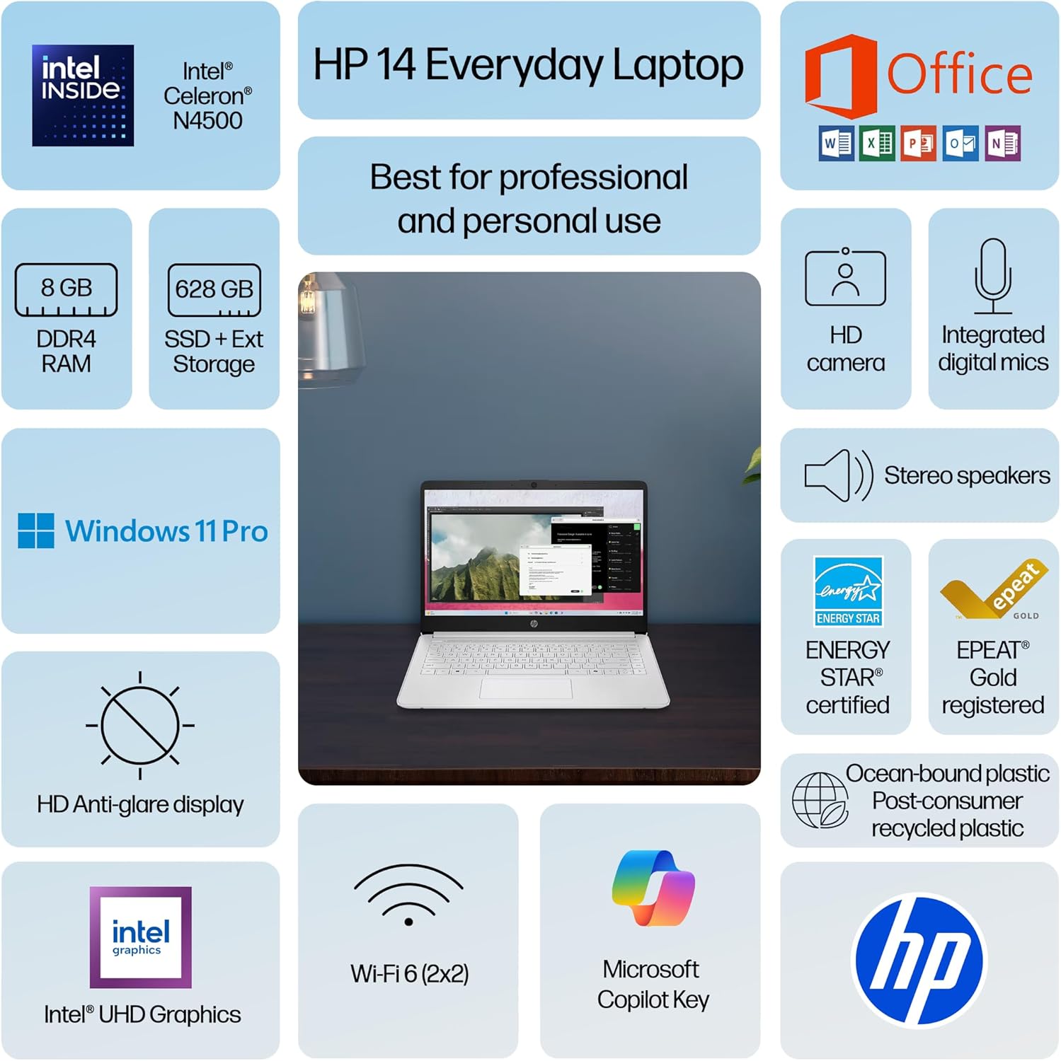 HP 14 Laptop Thin and Light for 2026 Student Business with Office Suite  Copilot AI  Intel CPU Up to 2.8GHz  8GB RAM  628GB Storage (128GB SSD+500GB Ext)  WiFi 6  Win 11 Pro  MarxsolAccessory  White