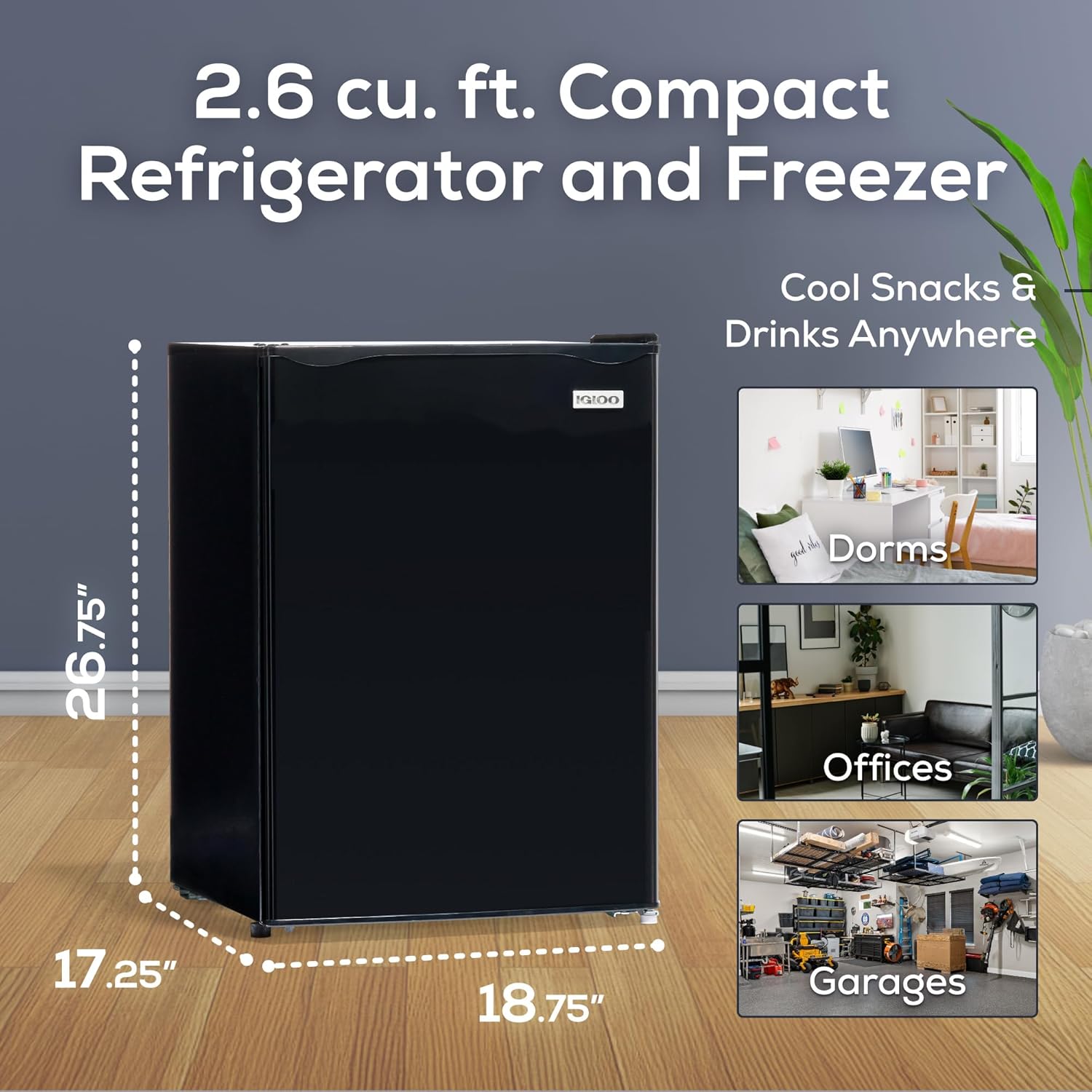 Igloo 2.6 Cu.Ft Mini Fridge with Freezer- Single Door Compact Refrigerator with Glass Shelves for Homes, Dorms & Offices- Keep Snacks, Drinks & Frozen Foods Cool with Temperature Control Fridge- Black