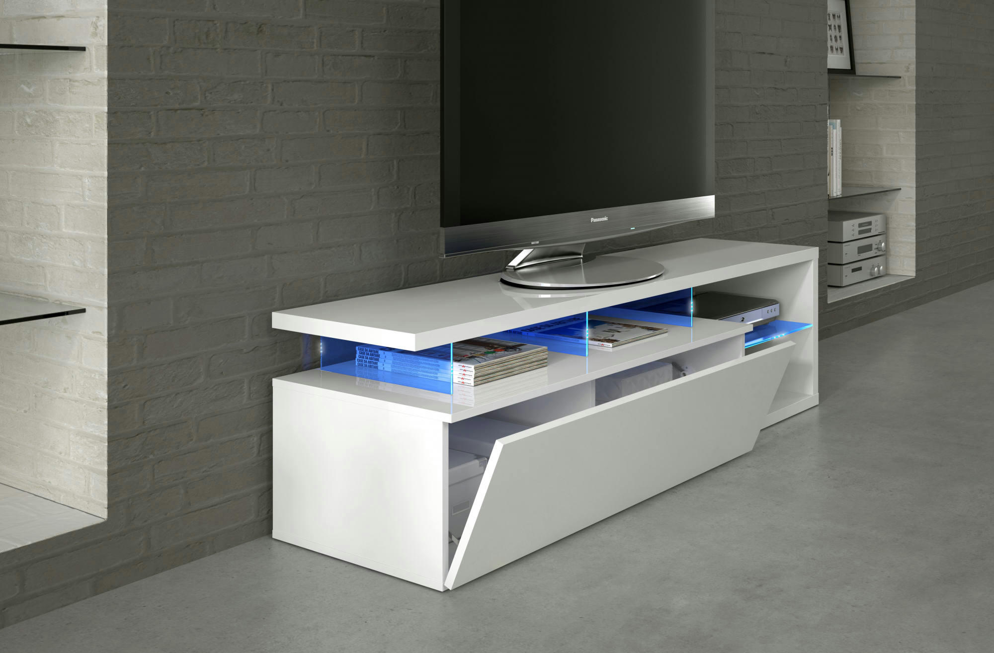 DLUPERT - Meuble TV 1 porte effet bois blanc brillant