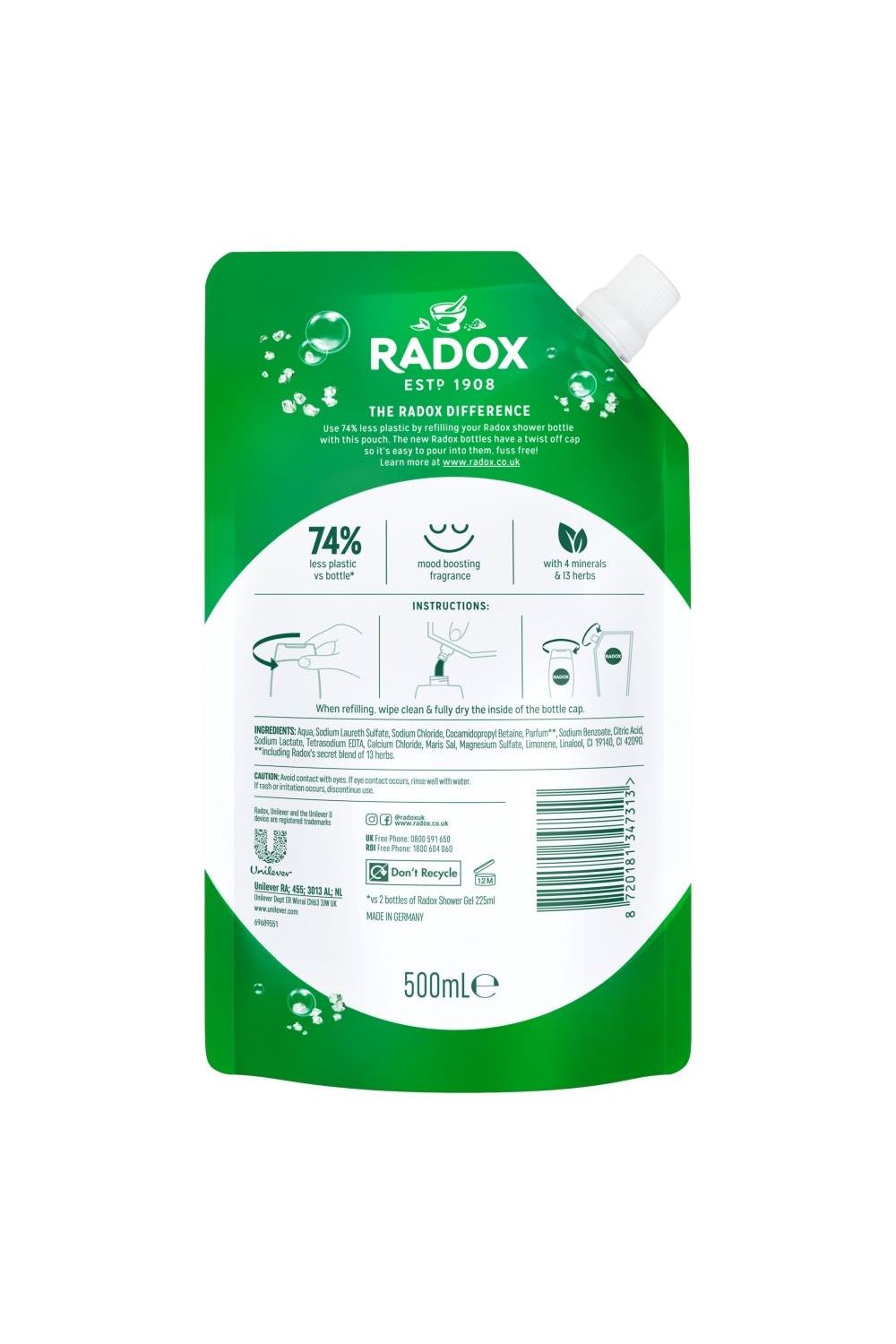 Radox Mineral Therapy 'Shower Gel' Refill Pouch Feel Refreshed 500ml, 3Pk