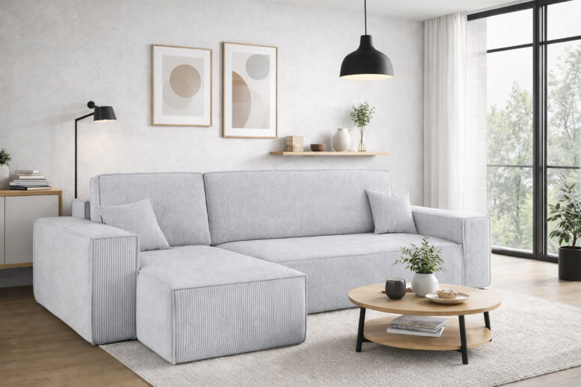 Sofa w kształcie L BEST narożnik, tkanina Poso, Jasnoszary Lewostronny