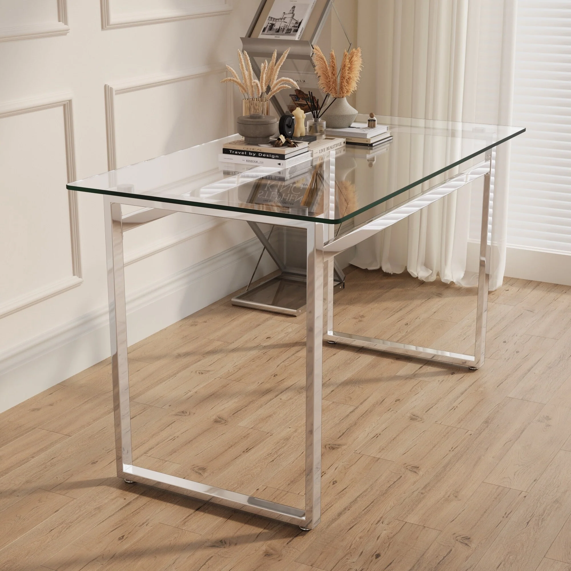 Modern Minimalist Rectangular Glass Dining Table with 0.31 Tempered Glass Tabletop and Silver Chrome Metal Legs