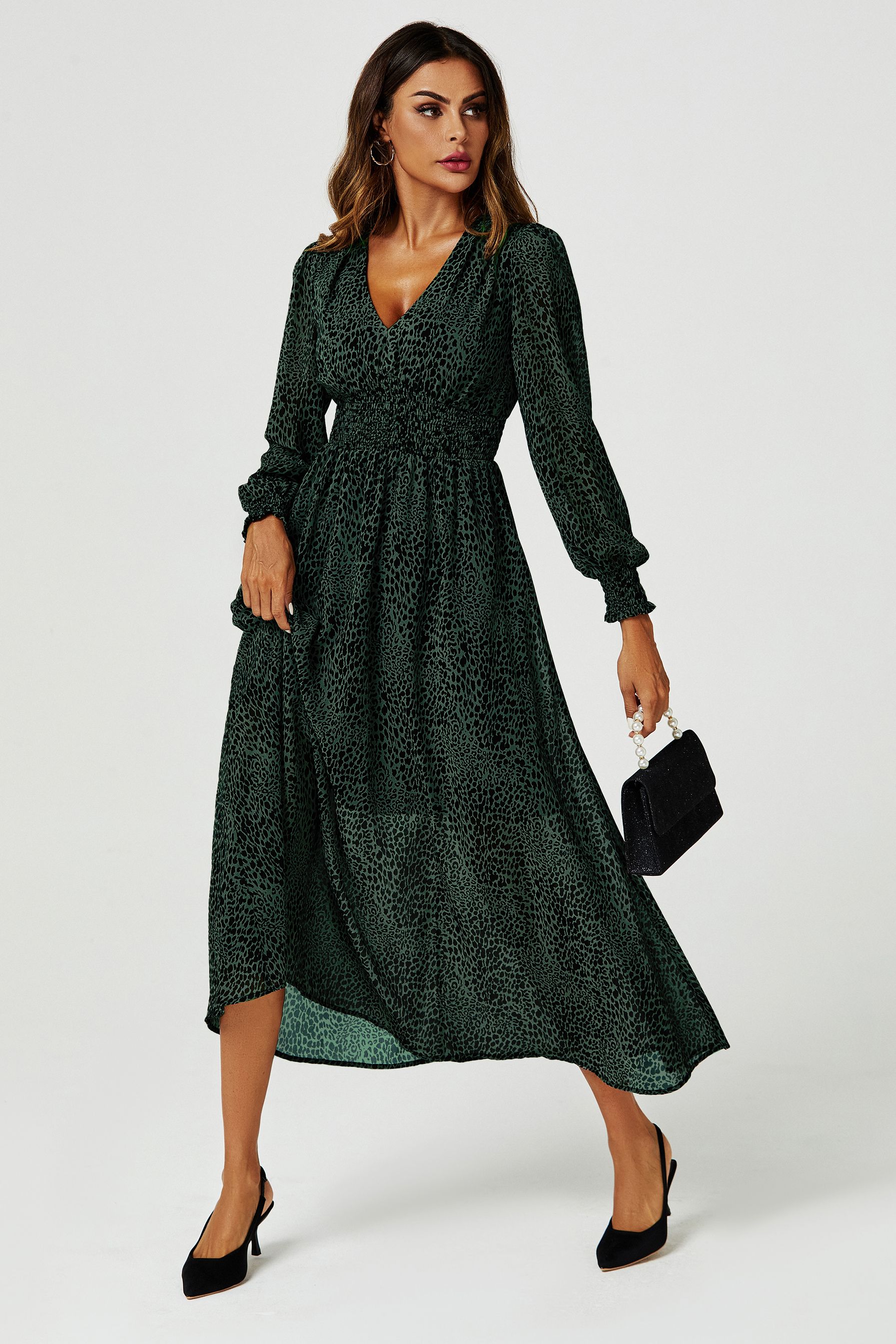 FS Collection Leopard Print Long Sleeve Maxi Dress In Green