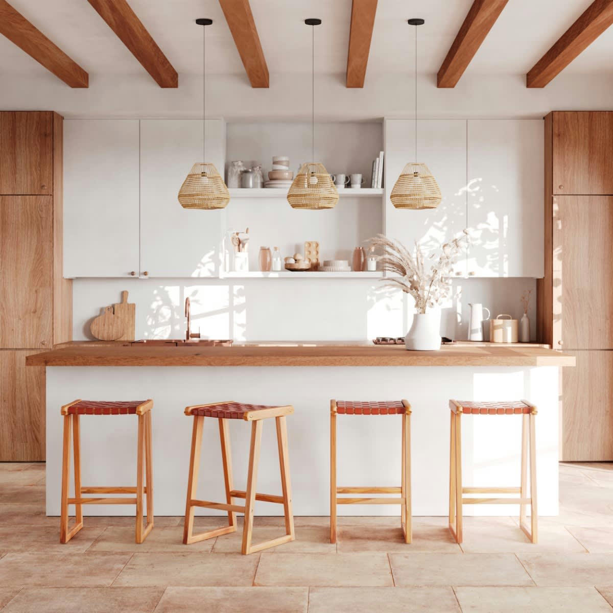 YUMA - Tabouret de bar mi-hauteur en teck et cuir tressé marron 67 cm