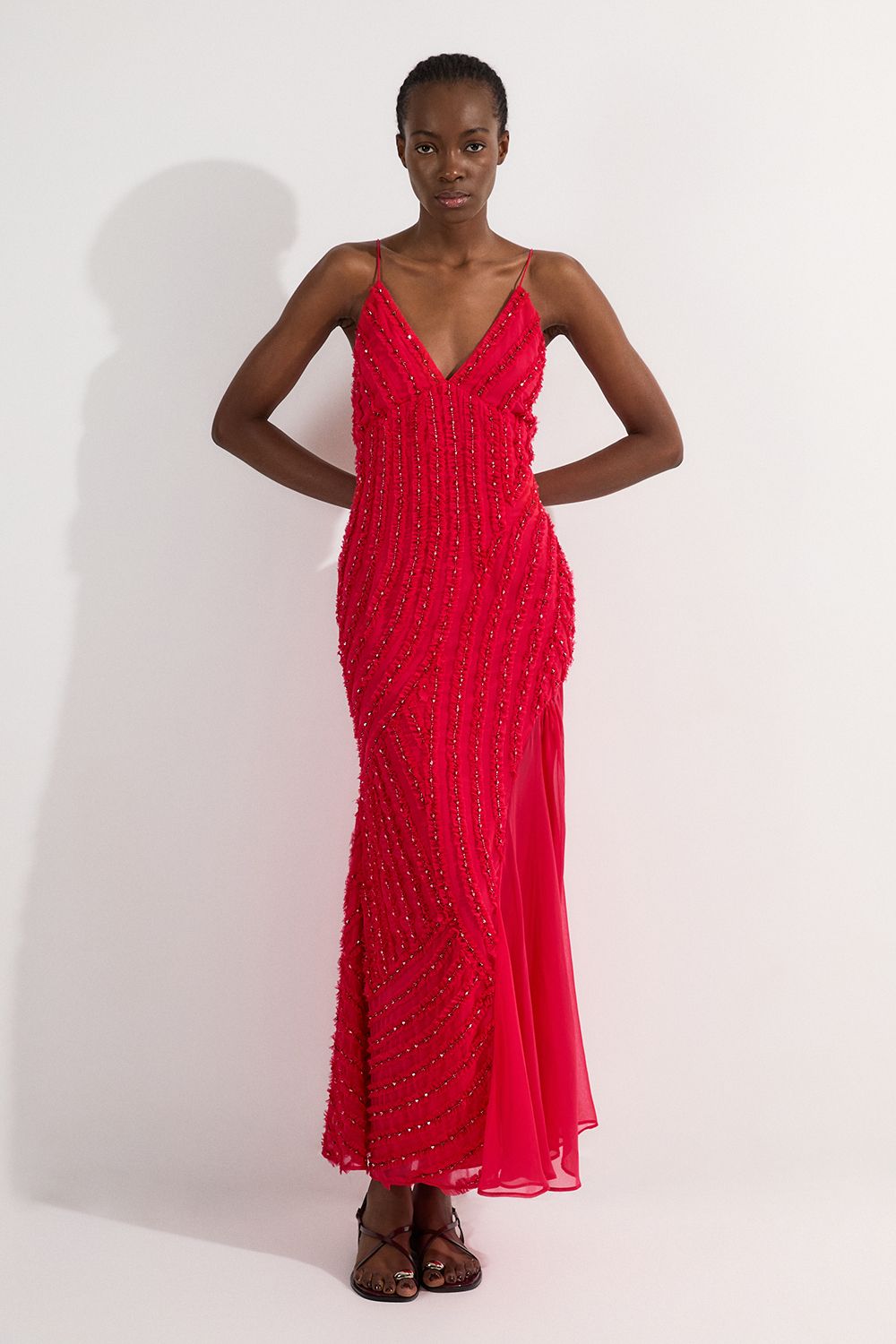 KarenMillen Embellished Ruffle Strappy Woven Maxi Dress