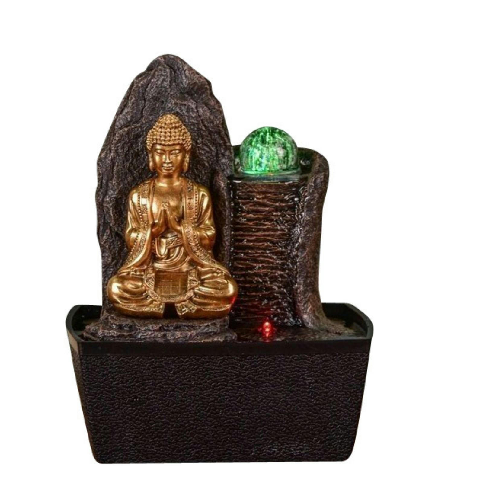 HAKA - Fontaine Zen Bouddha et Mur d'eau en résine marron et doré - H 25cm