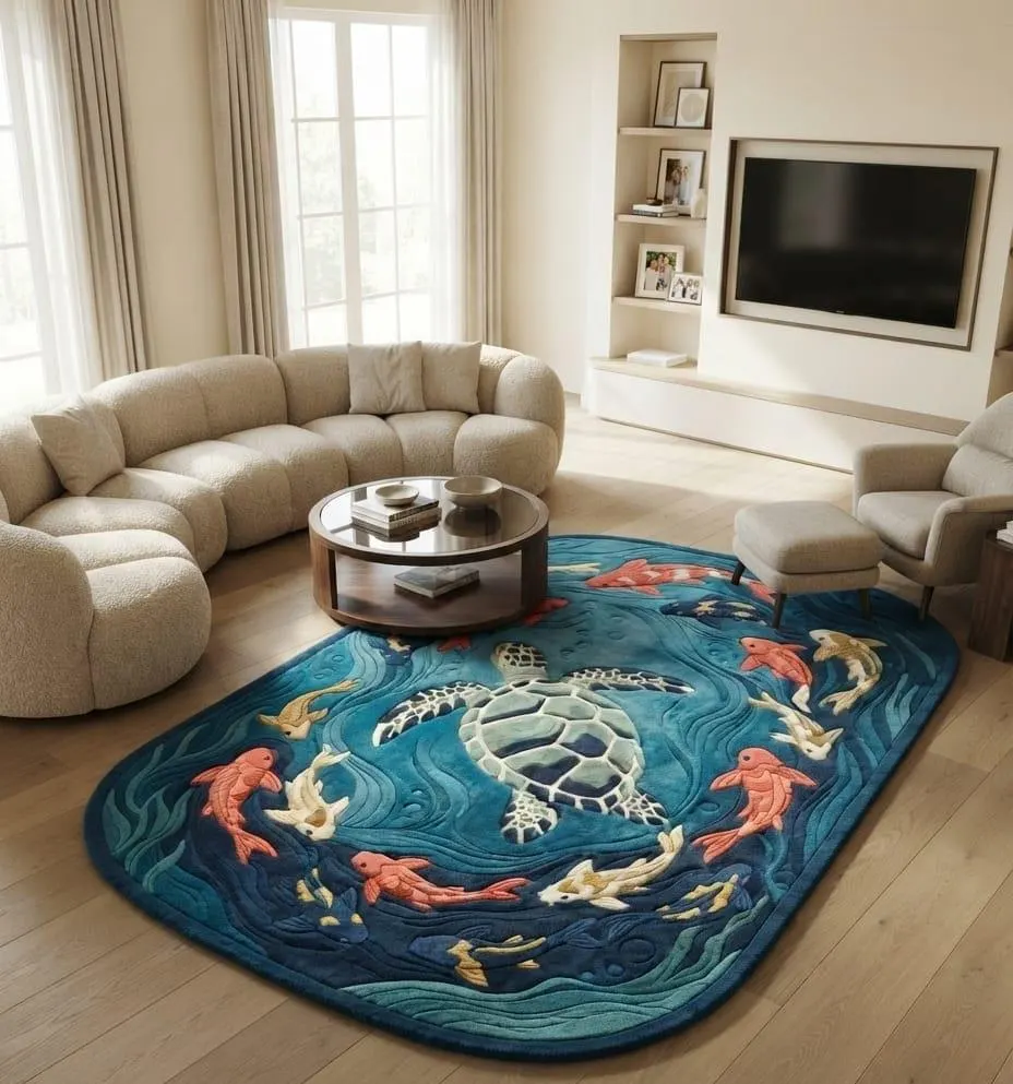 Hand Tufted Koi Pond Turtle Rug, Ocean Fish Wool Area Rug, Coastal Decor