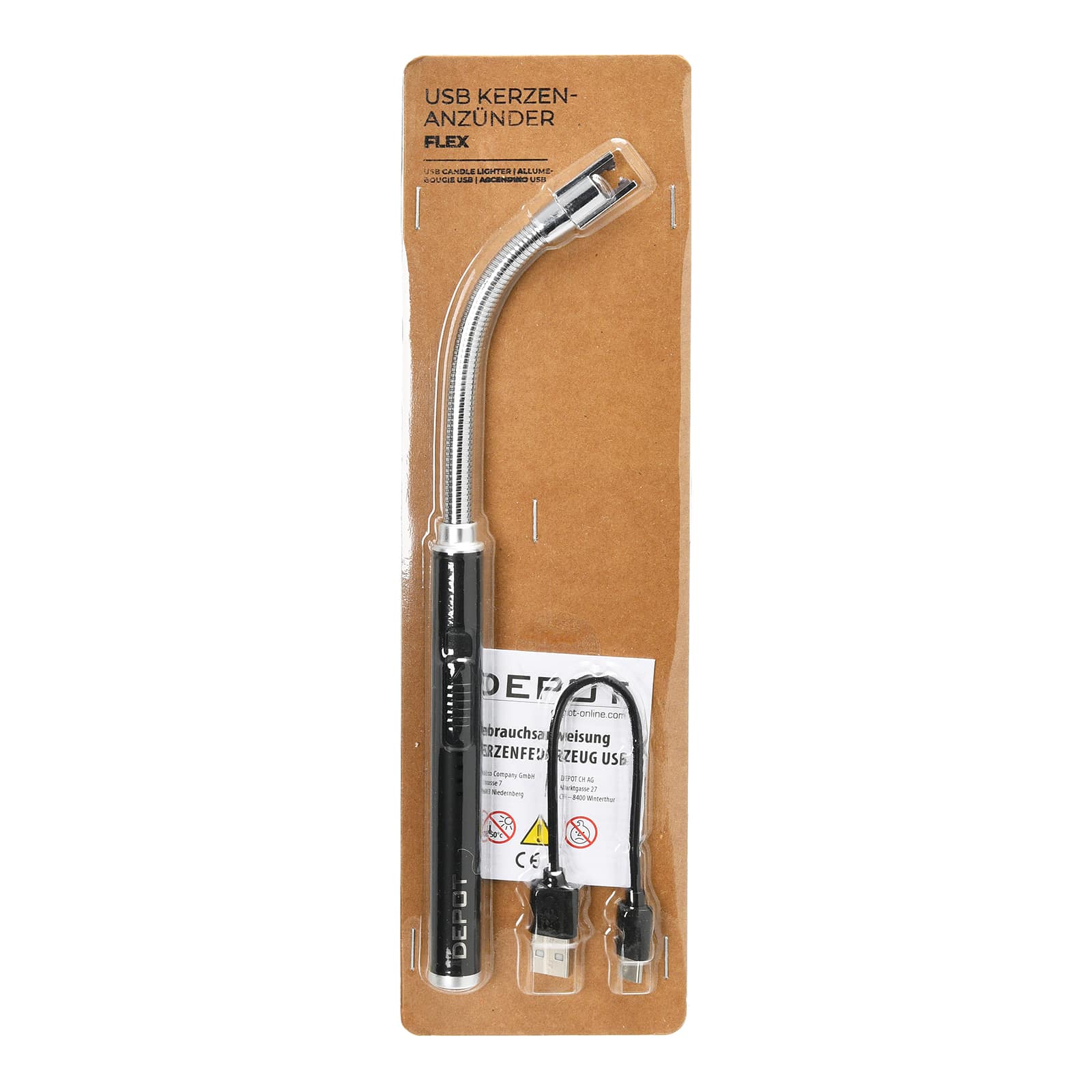 USB-Kerzenanzünder Flexibel Schwarz, ⌀ 1.5 cm, L 265 mm
