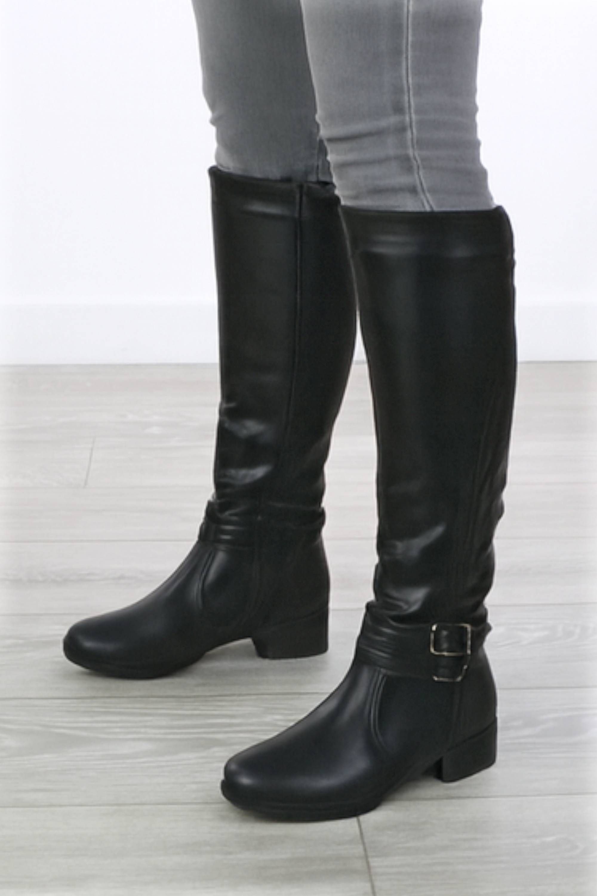 AJVANI Flat Stretch Calf Zip Knee Chelsea Boots