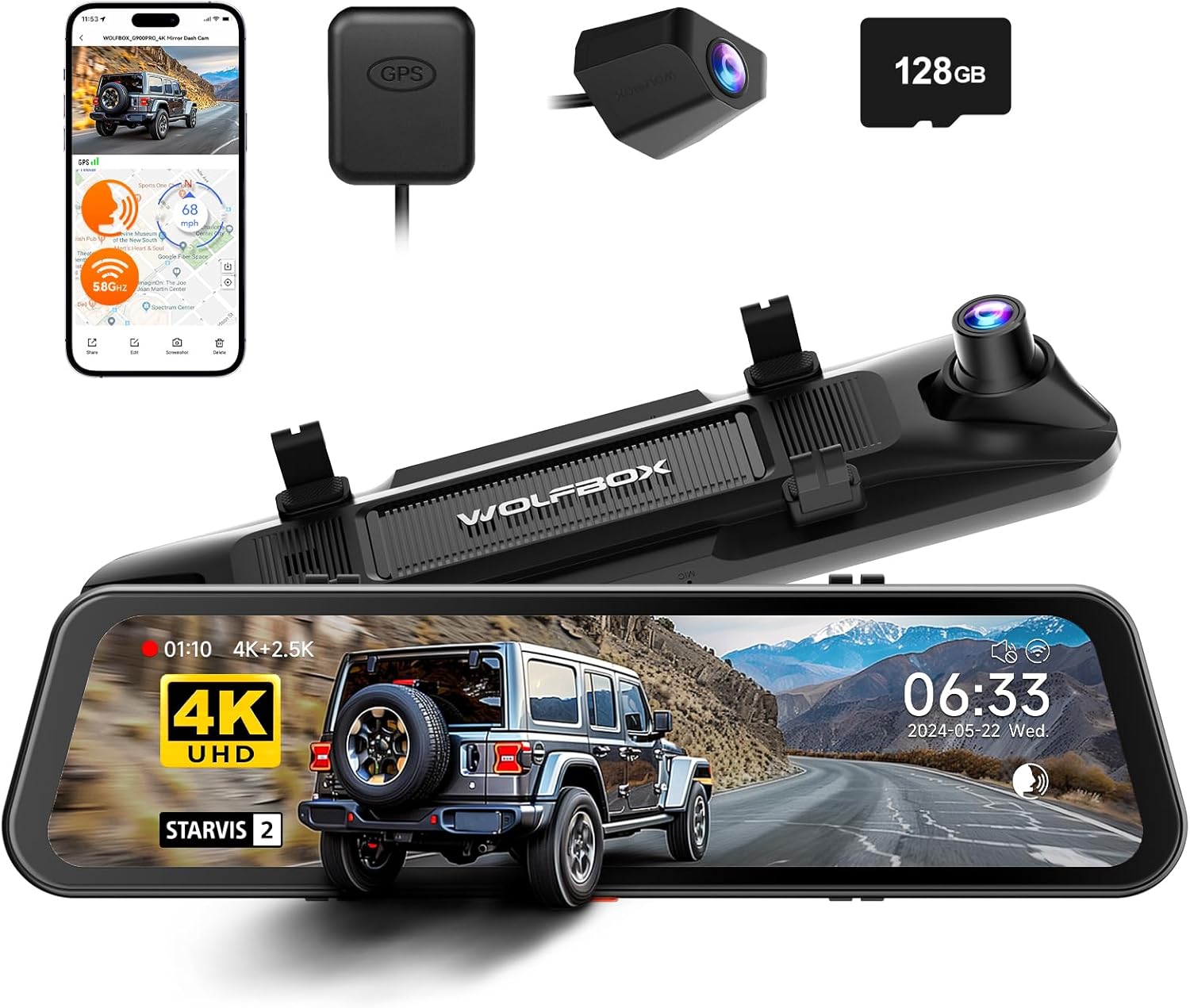 WOLFBOX G900 PRO Mirror Dash Cam with 8MP STARVIS IMX678  12 inches Rear View Mirror Camera with Front 4K and Rear 2.5K  Included 128GB Card  Voice Control  5.8GHz WiFi  Loop Recording  G-Sensor & GPS