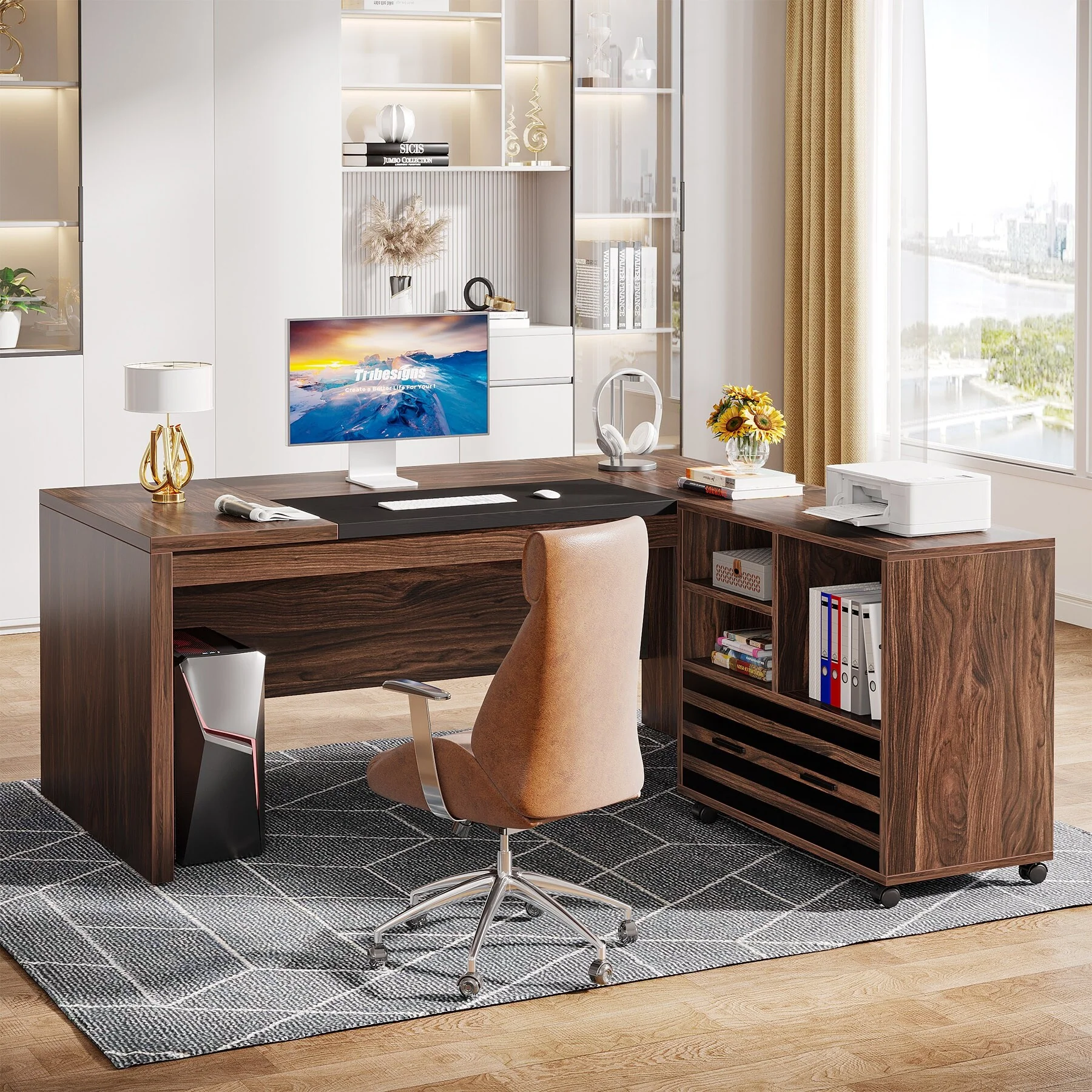 62.2 Executive Desk with Mobile File Cabinet, L-Shaped Office Computer Desk Business Workstation Set