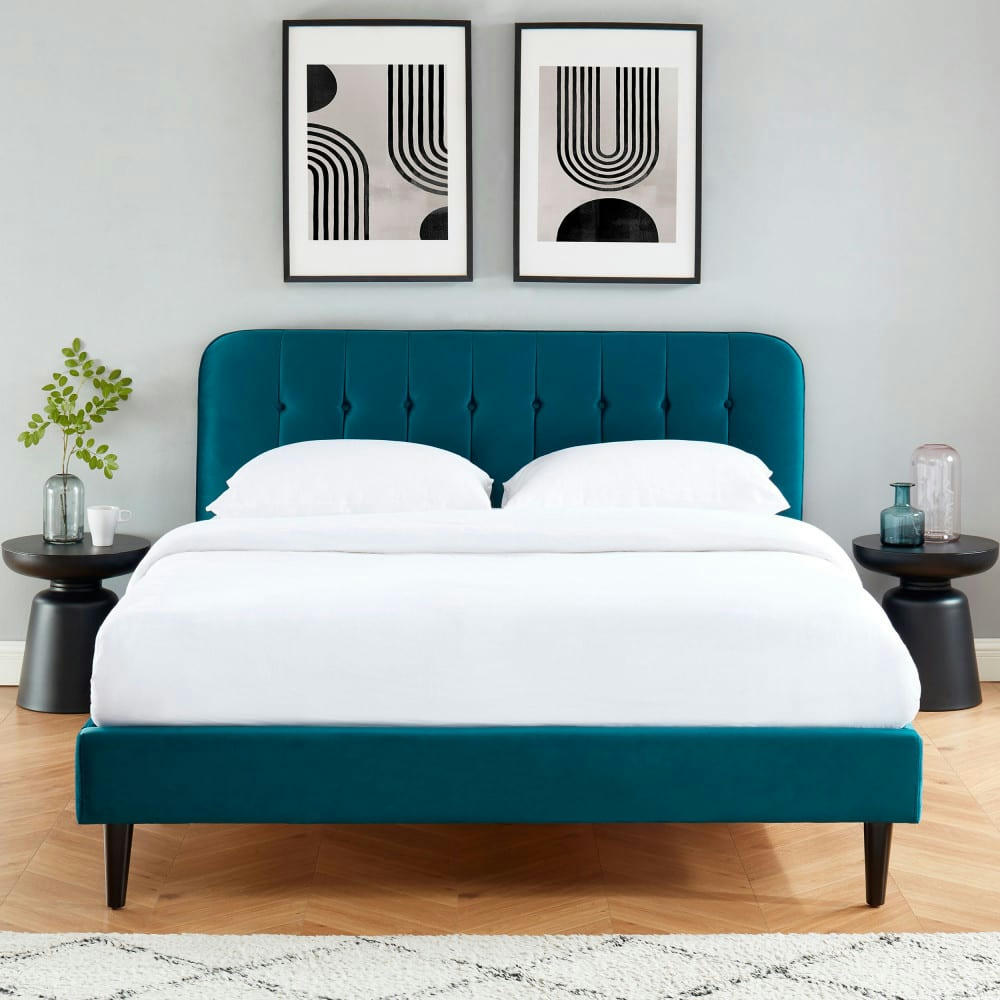 TORGO - Lit matelassé en velours 160x200cm bleu paon