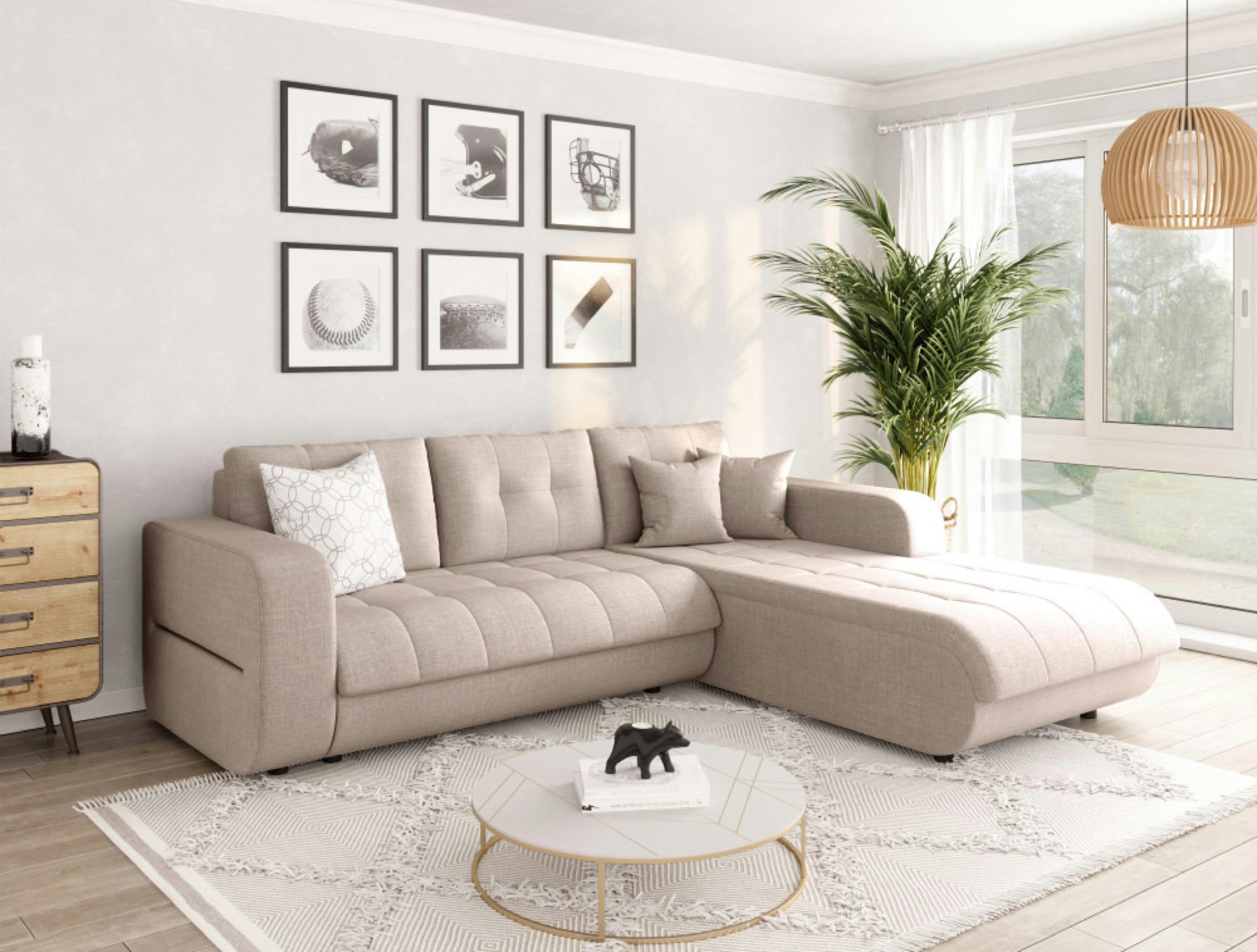 SUZIE - Canapé d'angle droit convertible en tissu beige