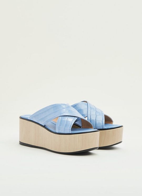 Sandra Blue Croc-Effect Leather Platform Mules