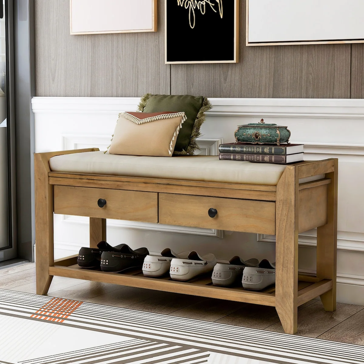 Modern Multipurpose Entryway Storage Bench With Upholstered Seat and Drawers