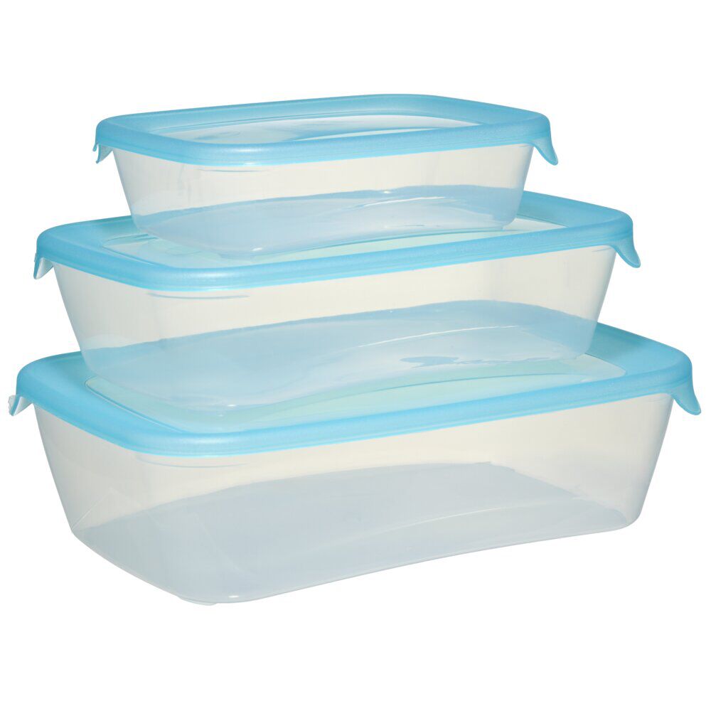 BoÎte alimentaire x3 Fresh Go rectangulaire plastique transparent et bleu 0,5/1/2L