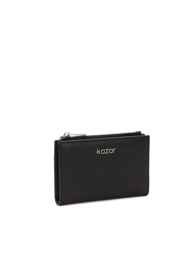 Compact black wallet with zipper closure