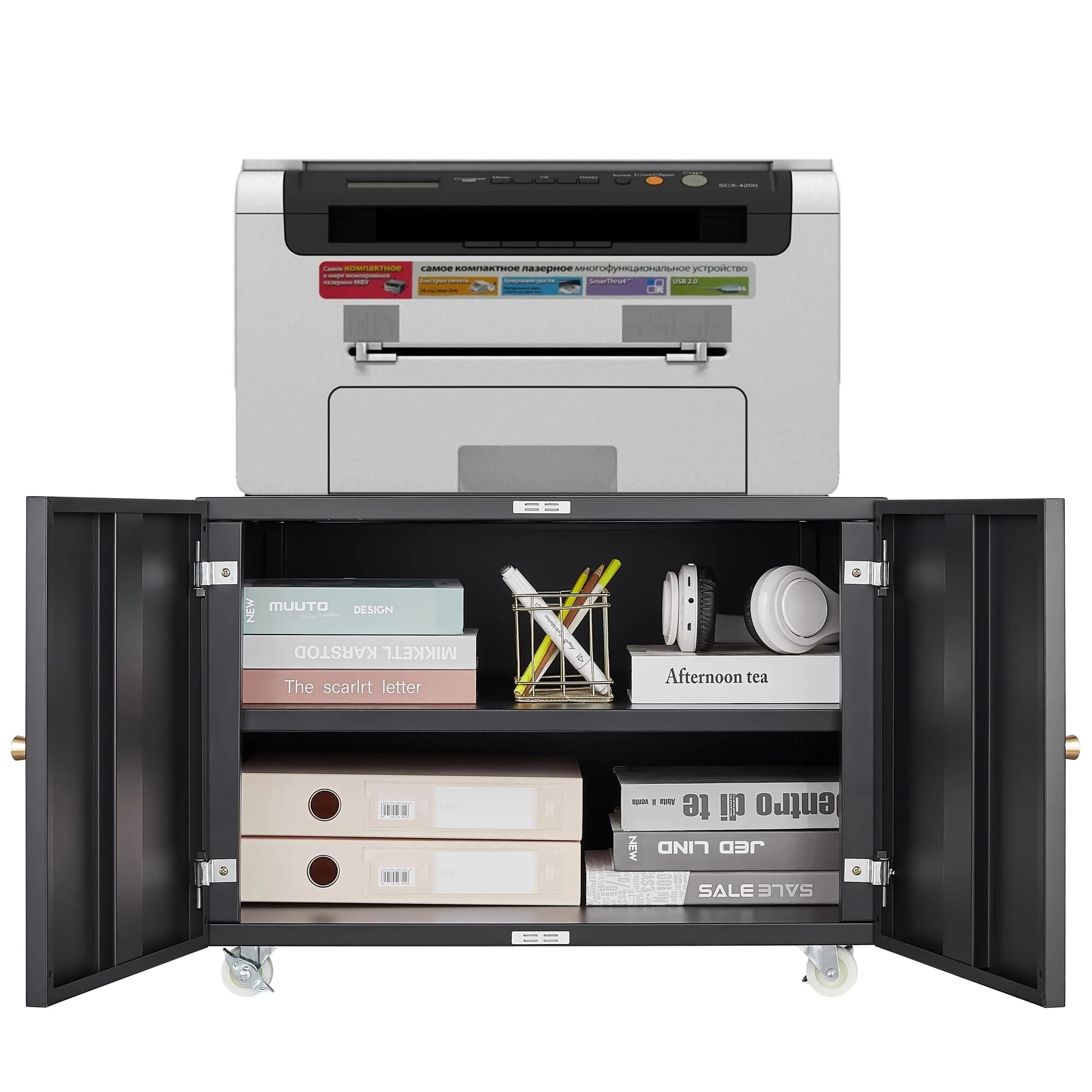 Metal Printer Stand with File Storage Cabinet, Printer Cabinet File Cabinet On Wheels with Door and Adjustable Shelf