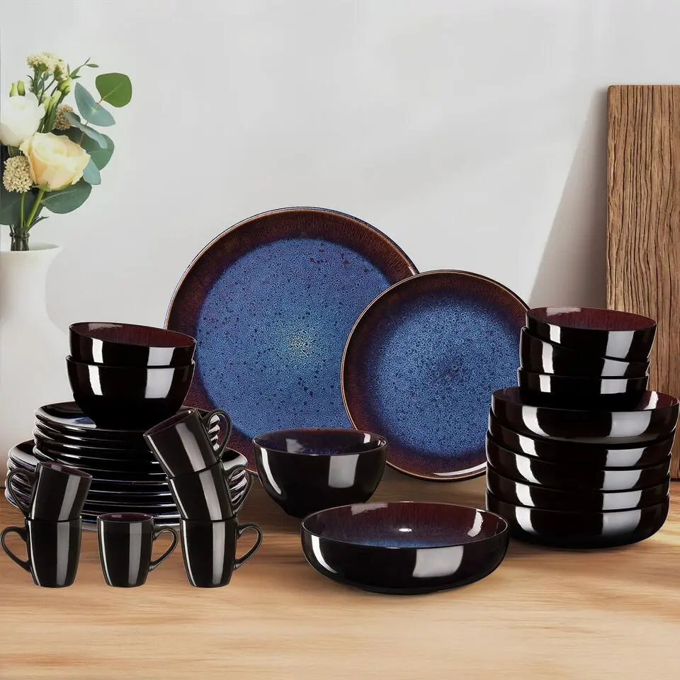 tectake Serviesset Mare van aardewerk, voor 6 personen, Blauw/Bruin