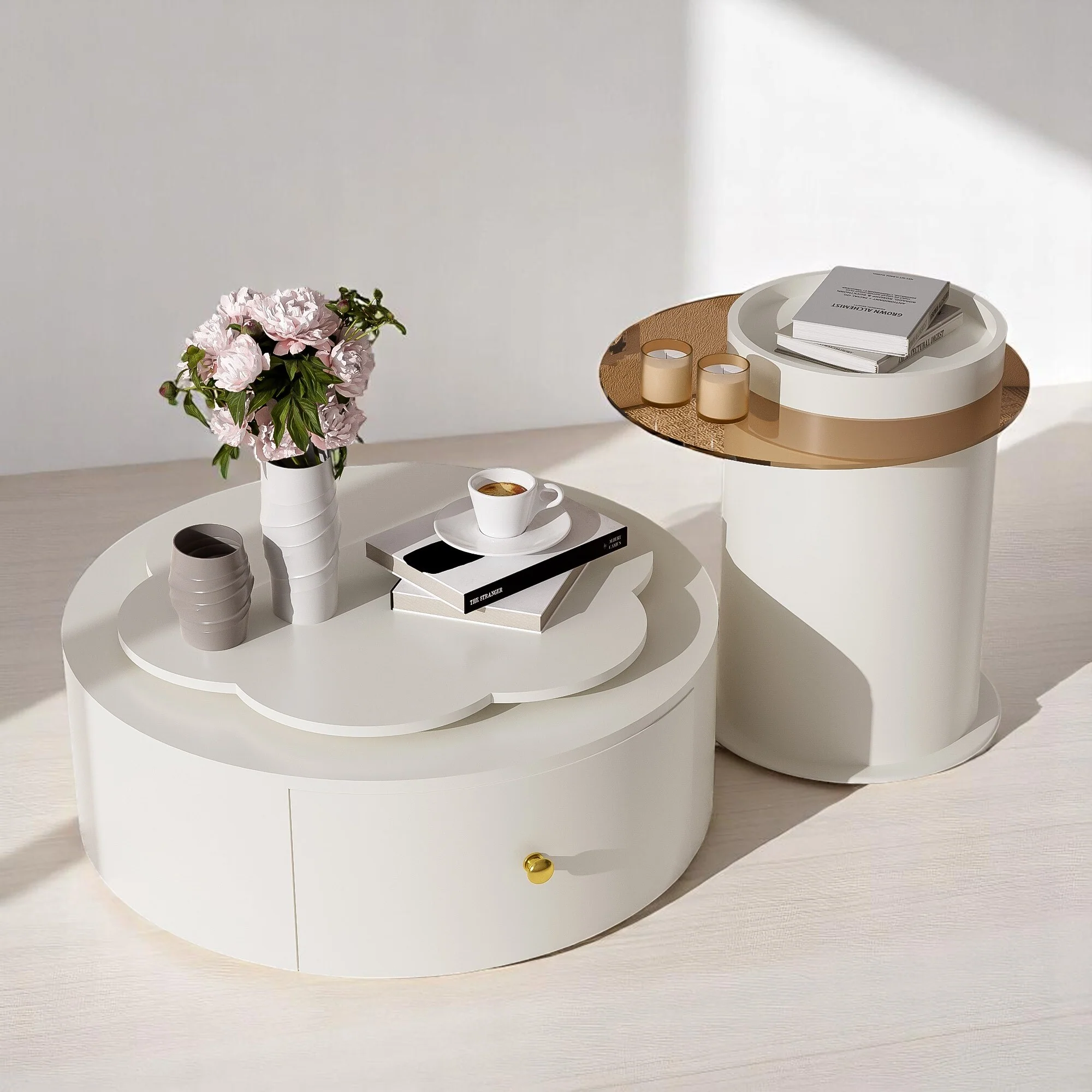 2-Piece Rotating Flower-Shaped Coffee Table Set, Drawers, and Top Circle Side Table End Table with Glass for Living Room