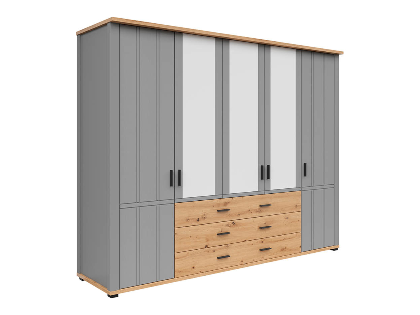 Szafa Hygge 267 cm z 5 drzwiami i 3 szufladami szara/dąb artisan