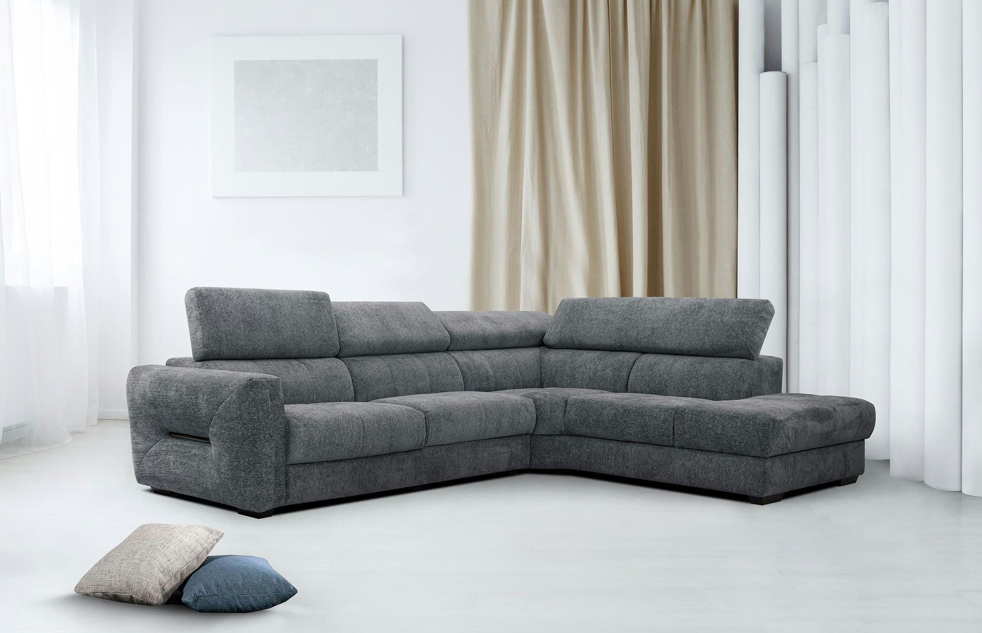 CALVERA - Canapé d'angle droit Calvera 5 places tissu gris foncé