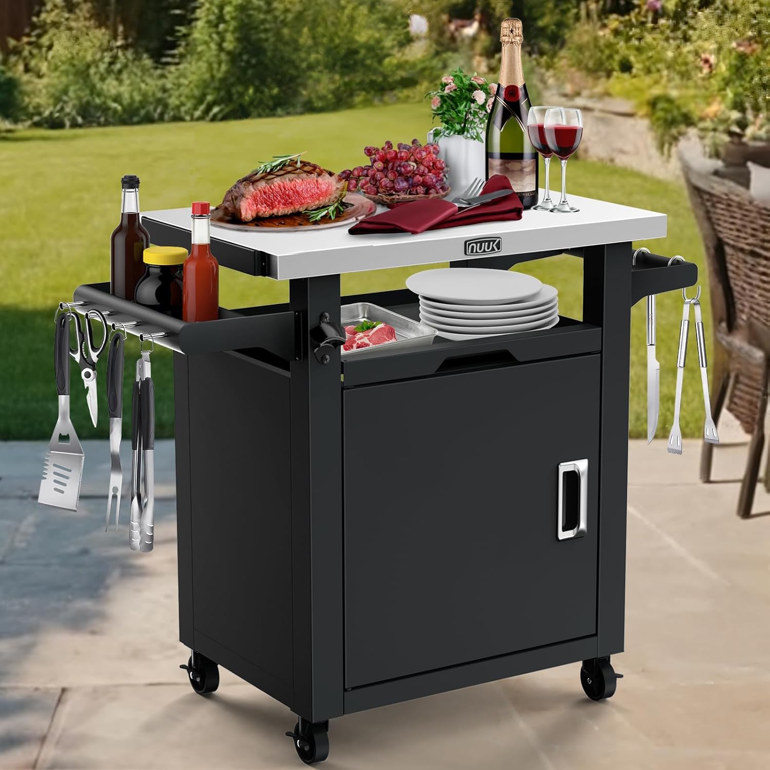 NUUK Grill Table with Storage Cabinet  Outdoor Bar Cart Pizza Oven Table with Wheels  Stainless Steel Top Kitchen Island 20 x 30 Rolling Prep Station for Indoor  BBQ  Deck  Backyard