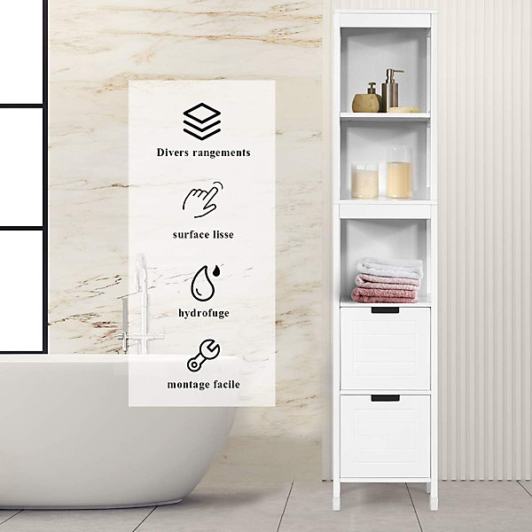 Meuble Colonne de Salle de Bain sur Pied Meubles de Rangement WC avec 5 Etageres et 2 Tiroirs Reglables