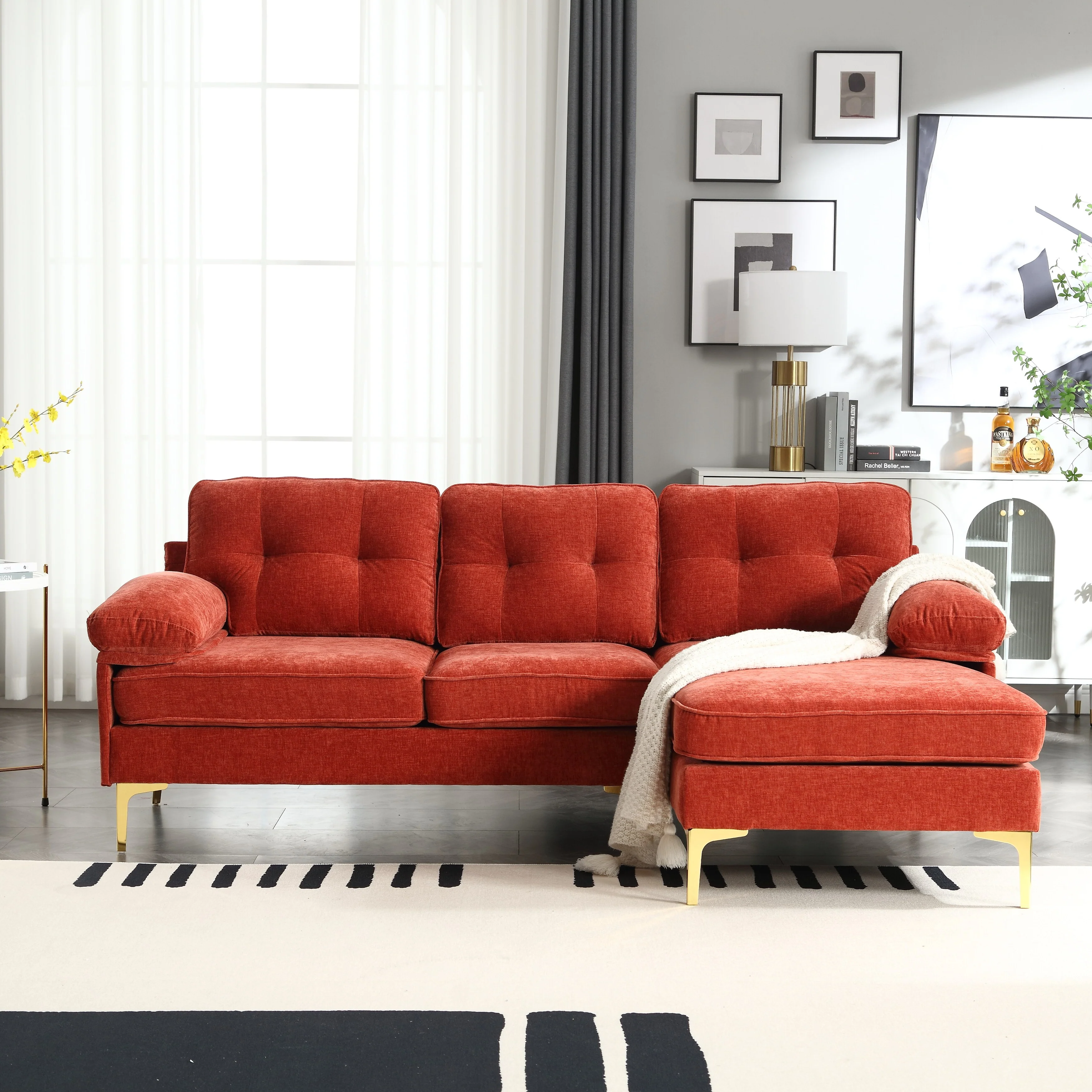 Red Modern 85'' Fabric L-Shaped 3 Seat Sofa, with High-Quality Wood Frame, Spring Cushions, Waist Pillows, Classic Design