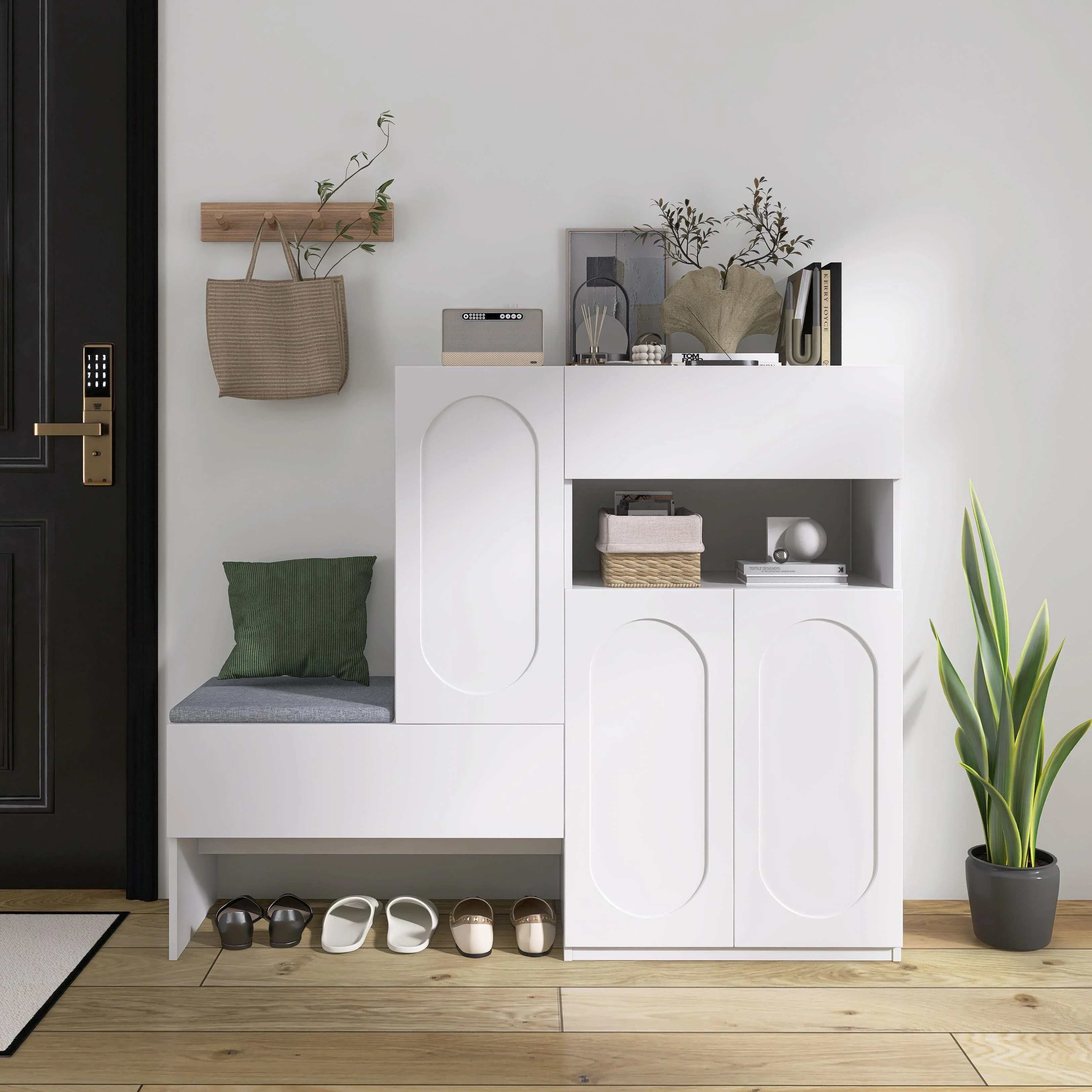 Elegant 2-in-1 Shoe Cabinets with Soft Cushion, Modern Storage Bench with Rebound Devices & Adjustable Shelves