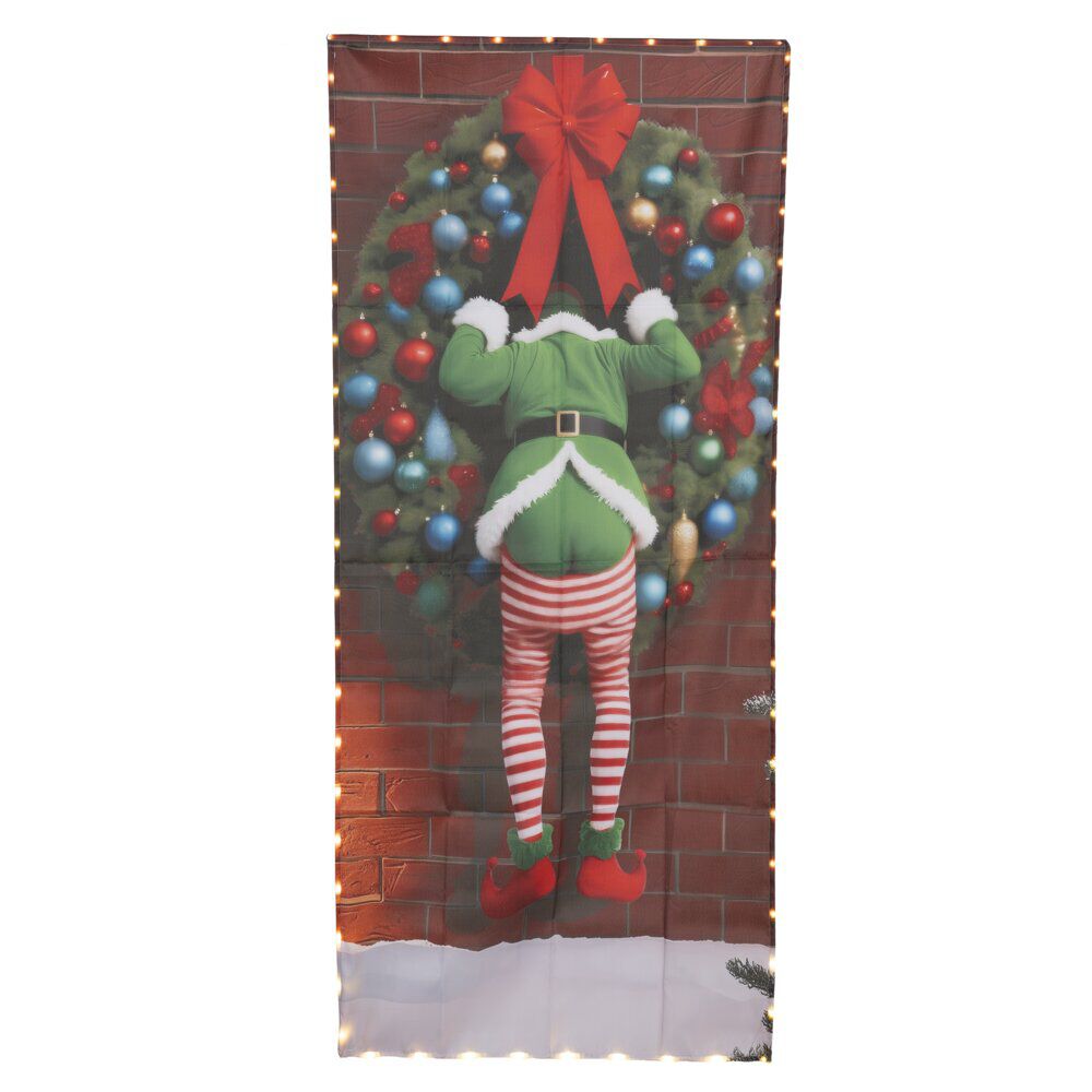 Rideau de porte lumineux 38LED décor lutin de No&euml;l 90xH200cm