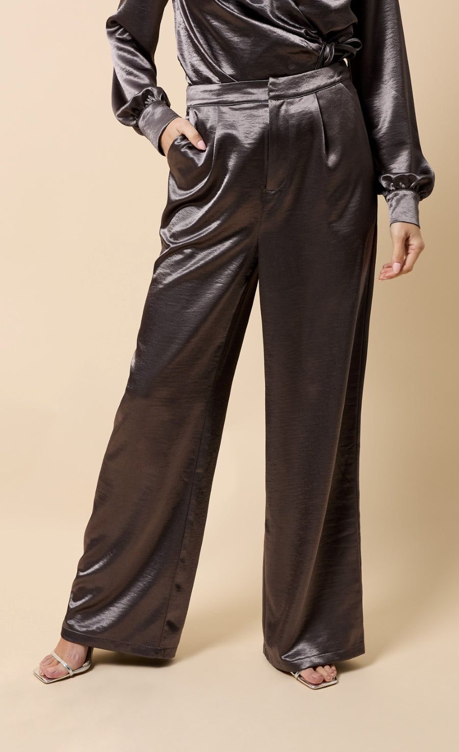 Little Mistress Grey Satin Wide Leg Trousers